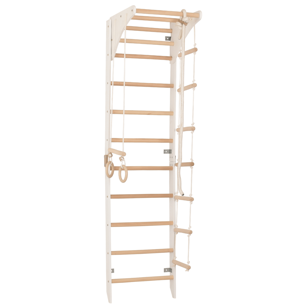 Sprossenwand mit höhenverstellbarem Reck, Kletterseil, Ringen & Seilleiter – Kompaktes Indoor-Fitnessgerät für die ganze Familie (SPR C white)