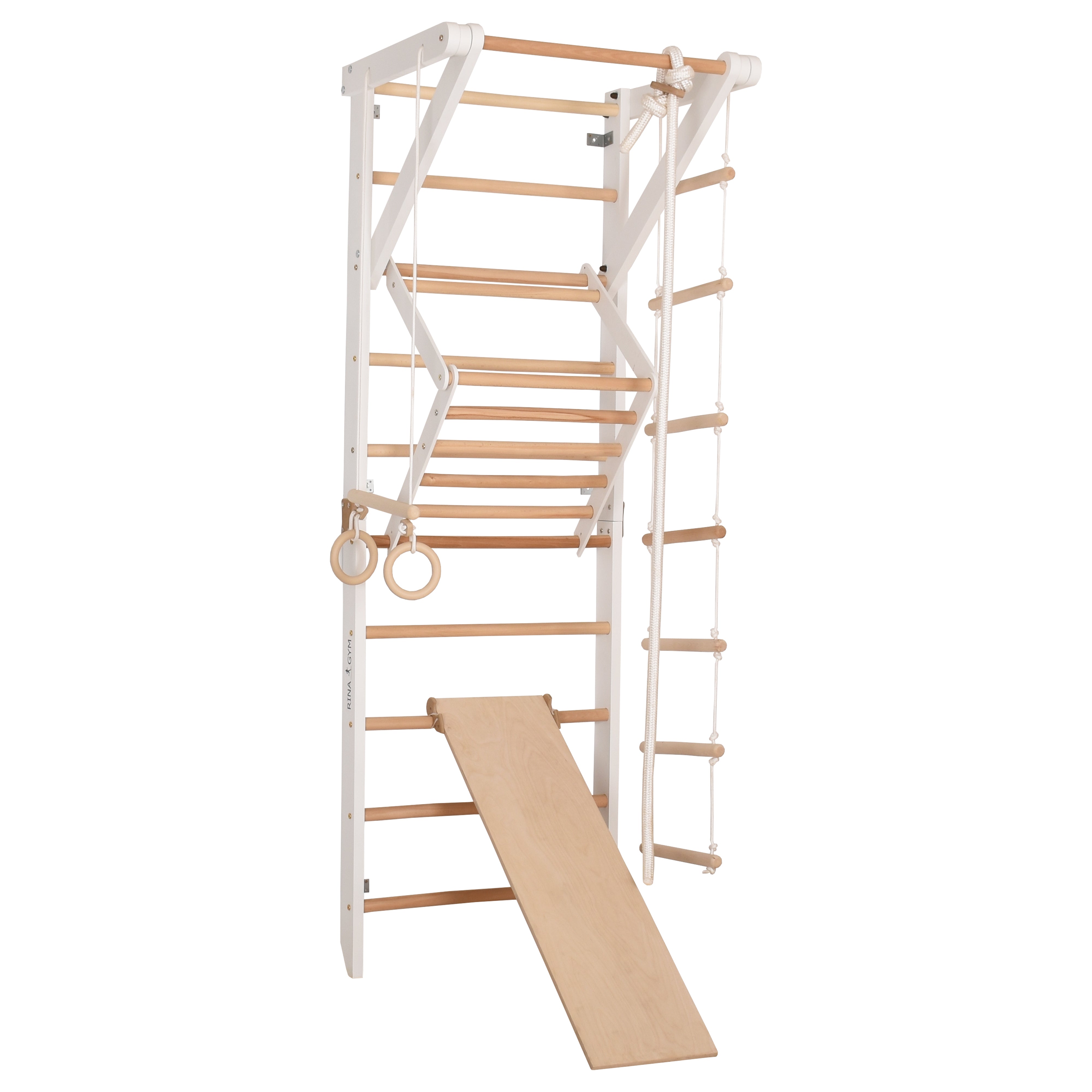 RINAGYM Terrain de Gymnastique Enfants - Jungle de Jeu Intérieur et Extérieur en Bois - Mur et Barres de Singe, Anneaux, Corde, Poutre, Échelle Suédoise, Balançoire, Toboggan - À Partir de 2 Ans (Sport 3 white)