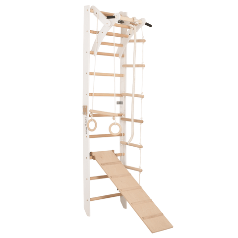 Sprossenwand für Heimtraining mit zweiseitiger Kletterrampe und höhenverstellbarem Reck – Indoor Fitnessgerät für die ganze Familie (SPR A+slide white)