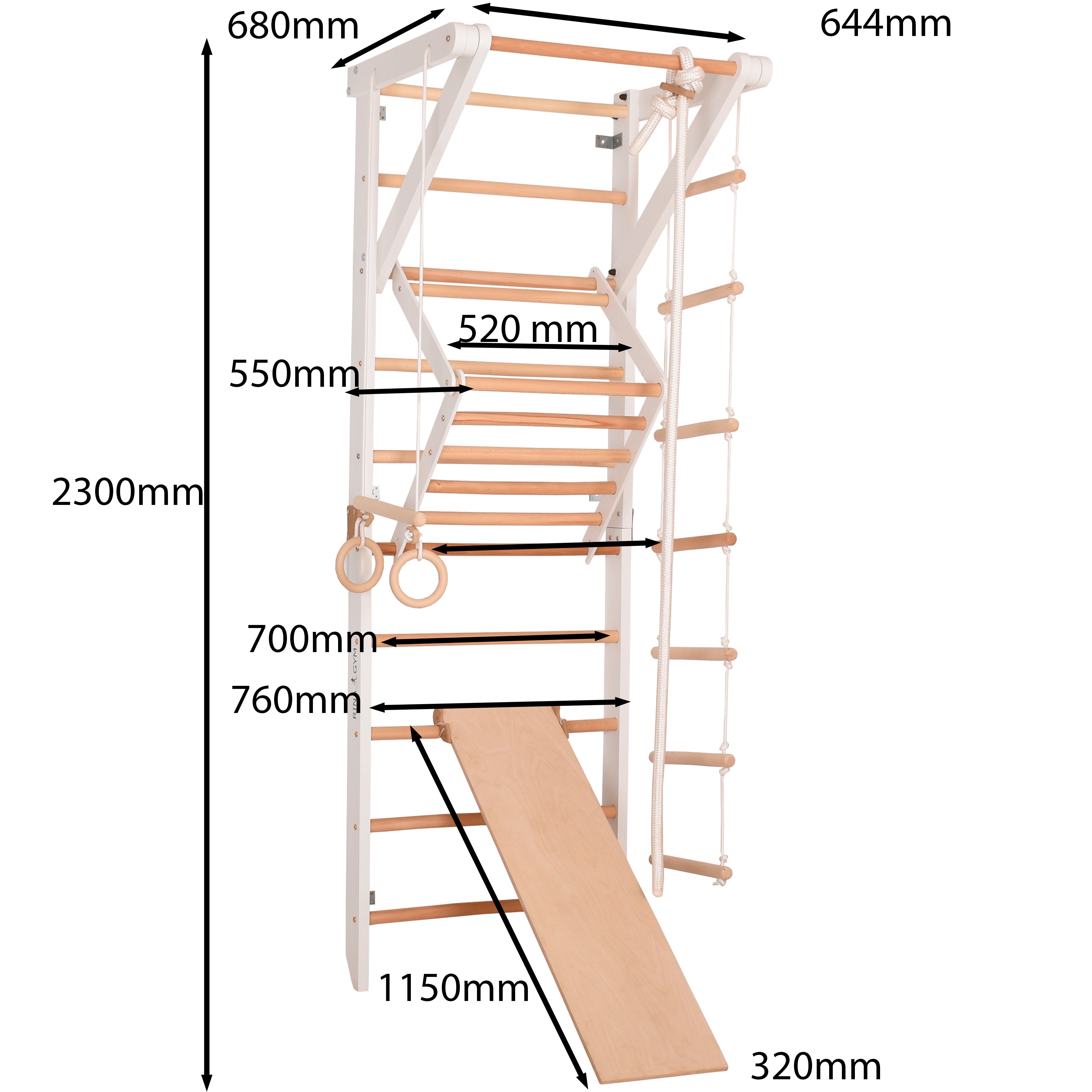RINAGYM Terrain de Gymnastique Enfants - Jungle de Jeu Intérieur et Extérieur en Bois - Mur et Barres de Singe, Anneaux, Corde, Poutre, Échelle Suédoise, Balançoire, Toboggan - À Partir de 2 Ans (Sport 3 white)