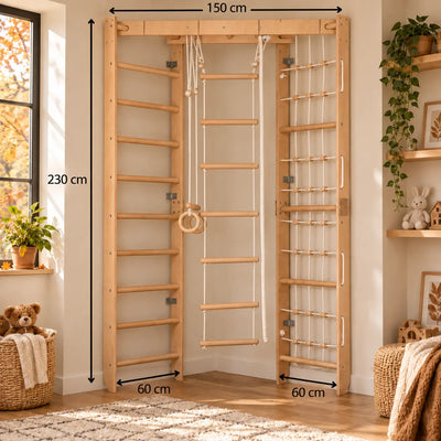 Indoor Klettergerüst mit Sprossenwand, Kletternetz & Hangelleiter – Heim-Sportgerät für die ganze Familie, harmonisch fürs zimmer - SPR Corner Lack