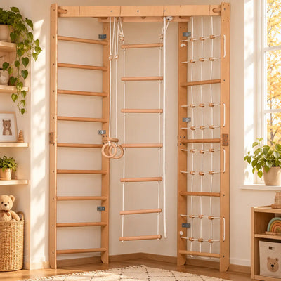Indoor Klettergerüst mit Sprossenwand, Kletternetz & Hangelleiter – Heim-Sportgerät für die ganze Familie, harmonisch fürs zimmer - SPR Corner Lack