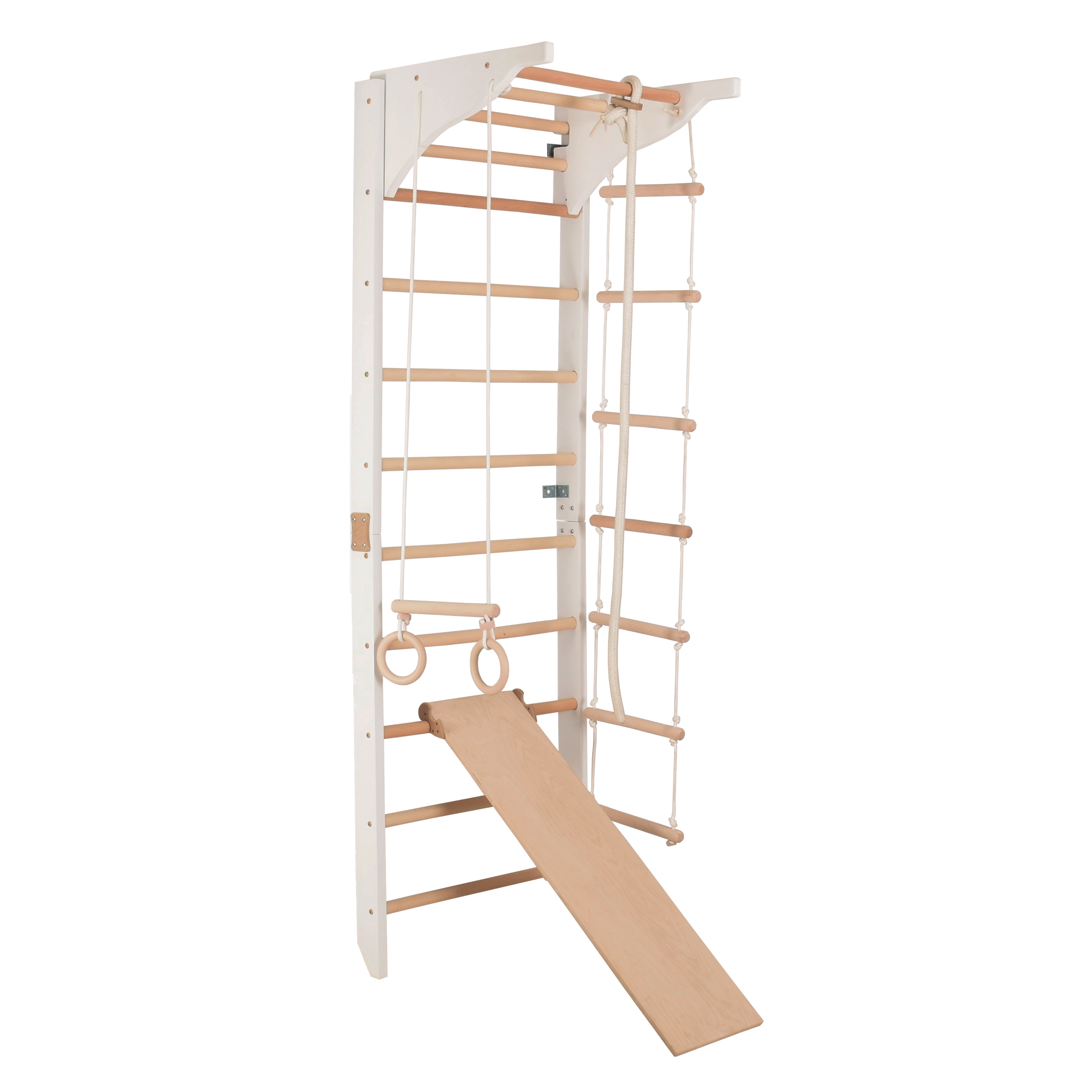 Sprossenwand mit Klimmzugstange, Dip-Barren, Ringen & Kletterrampe – PRO 3 weiß | RINAGYM