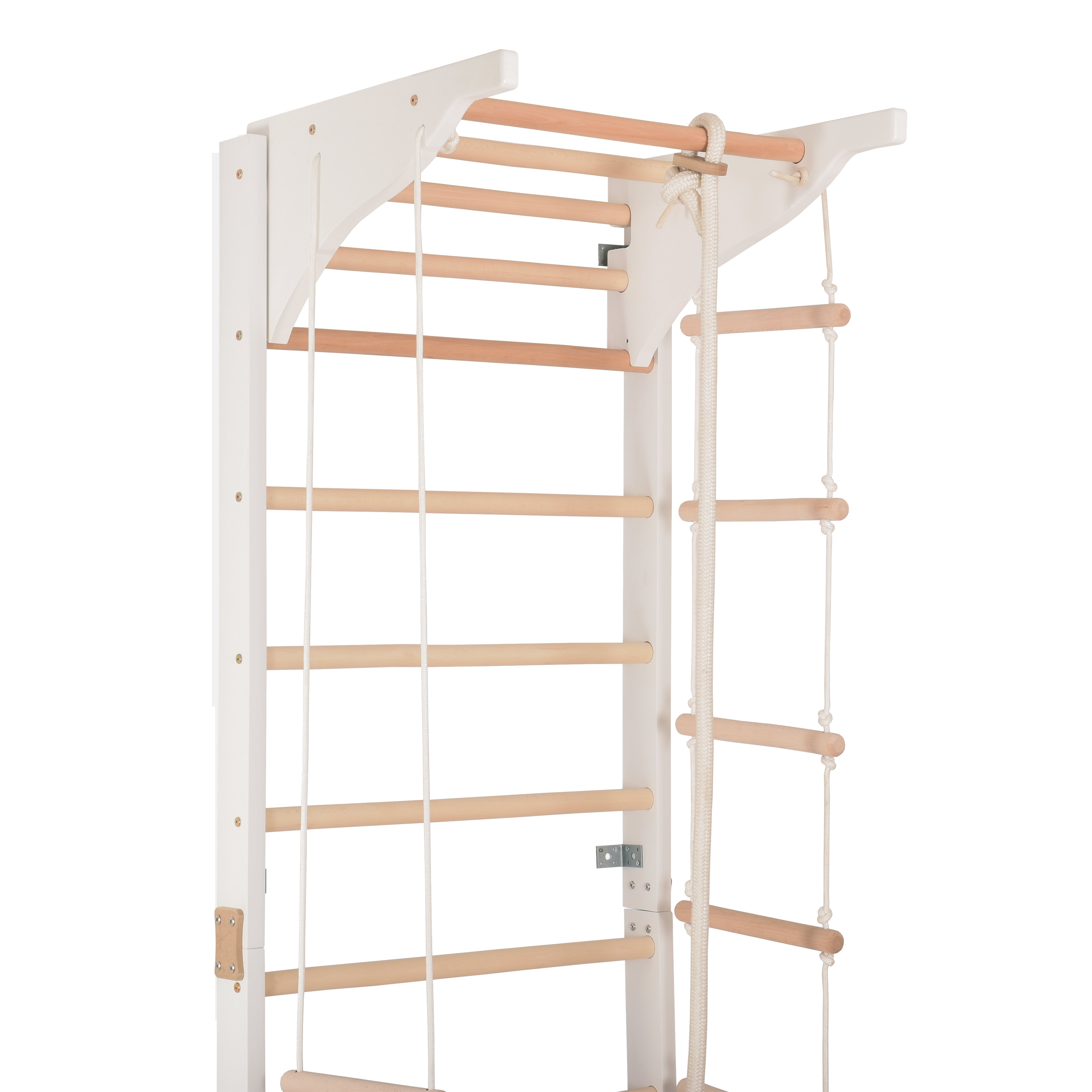 Sprossenwand mit Klimmzugstange, Dip-Barren, Ringen & Kletterrampe – PRO 3 weiß | RINAGYM