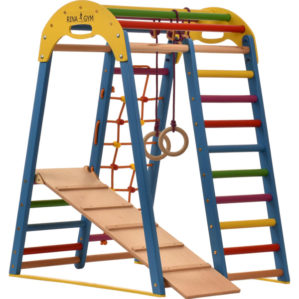 Kompaktes Indoor-Klettergerüst für die ganze Familie – Sprossenwand, Netz & Ringe – Heimtraining (Blau)