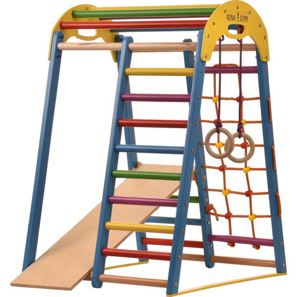 Kompaktes Indoor-Klettergerüst für die ganze Familie – Sprossenwand, Netz & Ringe – Heimtraining (Blau)