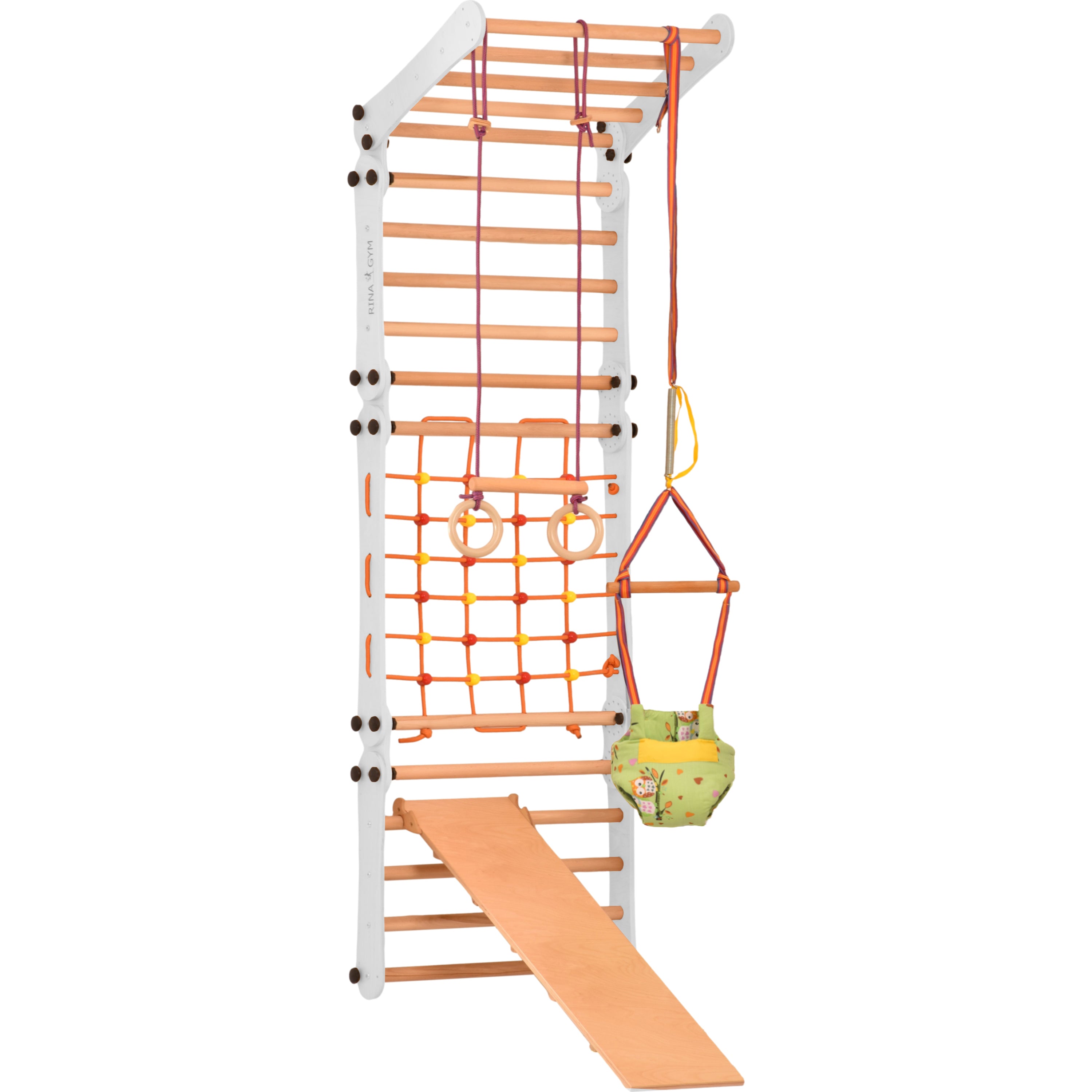 Aire de jeux 2 en 1 – Escalade enfant suédois en bois. Triangle enfant en quatre parties - saut, filet, anneaux de gymnastique, échelle suédoise, glissière. Gym enfant, jeux enfant exterieur 3 ans. 5P5P7S5P+SLIDE-WHITE