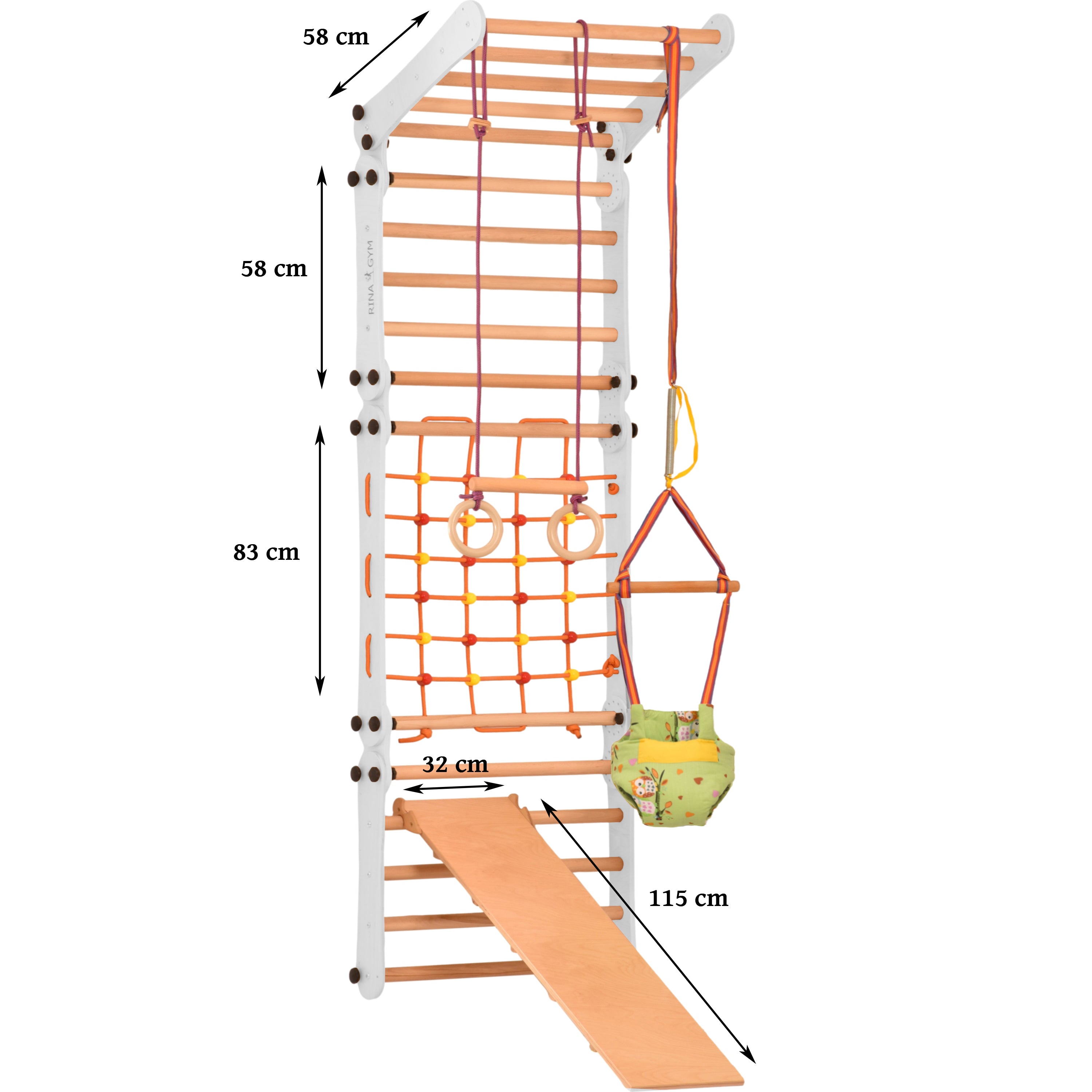 Aire de jeux 2 en 1 – Escalade enfant suédois en bois. Triangle enfant en quatre parties - saut, filet, anneaux de gymnastique, échelle suédoise, glissière. Gym enfant, jeux enfant exterieur 3 ans. 5P5P7S5P+SLIDE-WHITE