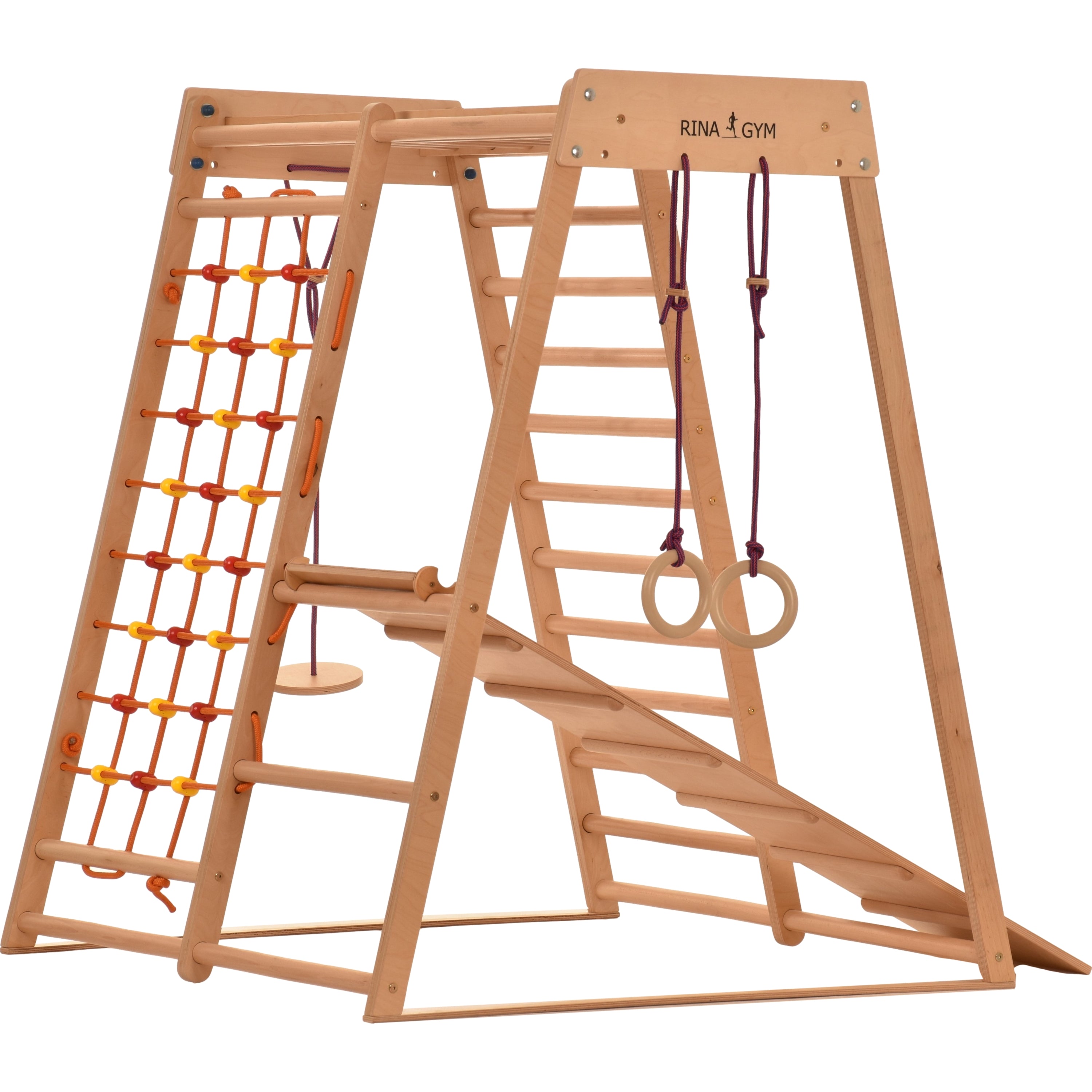 RINAGYM Petite aire de jeux intérieur triangle en bois pour enfants - Filet d’escalade enfant, échelle suédoise, anneaux, toboggan –Mur escalade enfant interieur idéal pour 1 à 5 
ans (Classic)