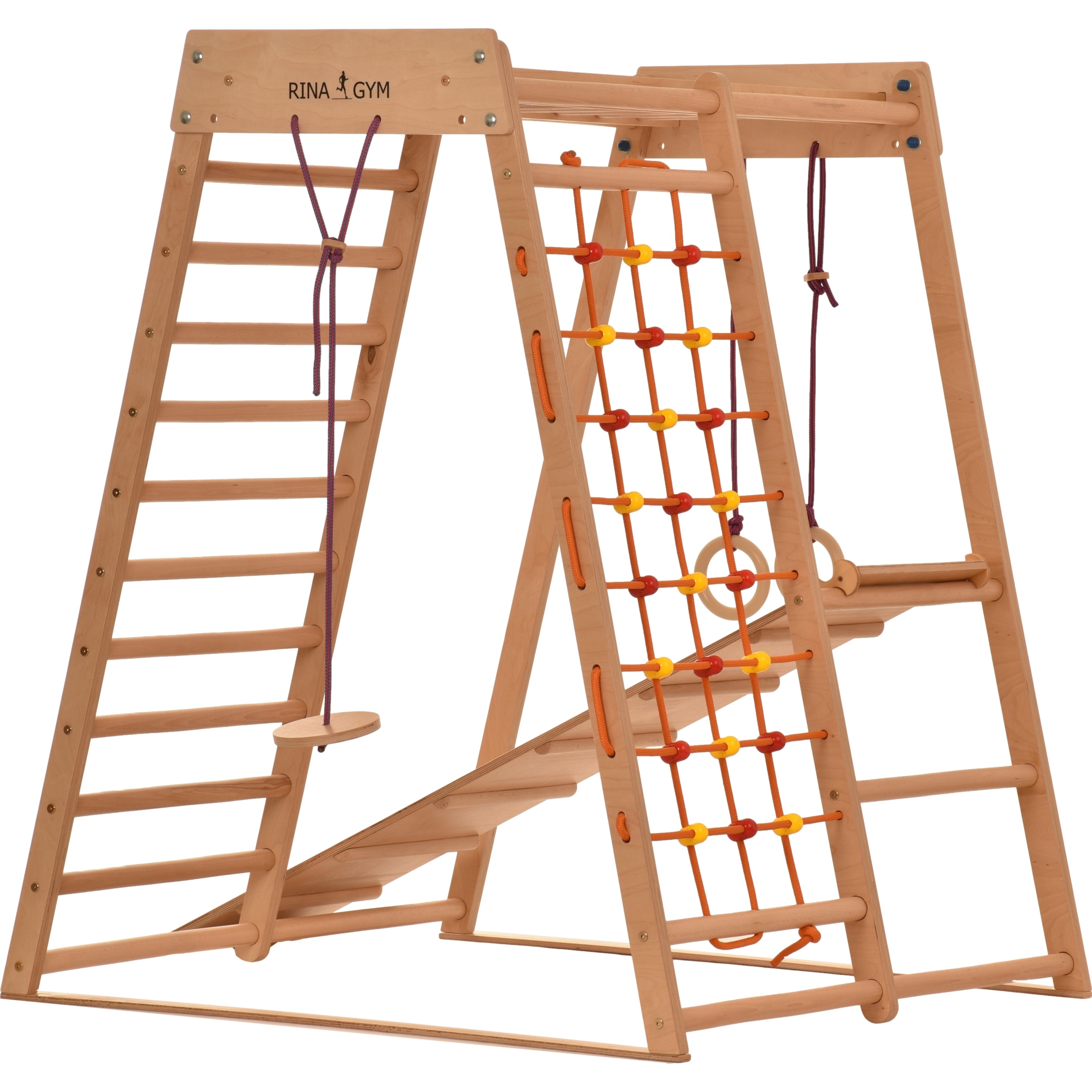 RINAGYM Petite aire de jeux intérieur triangle en bois pour enfants - Filet d’escalade enfant, échelle suédoise, anneaux, toboggan –Mur escalade enfant interieur idéal pour 1 à 5 
ans (Classic)