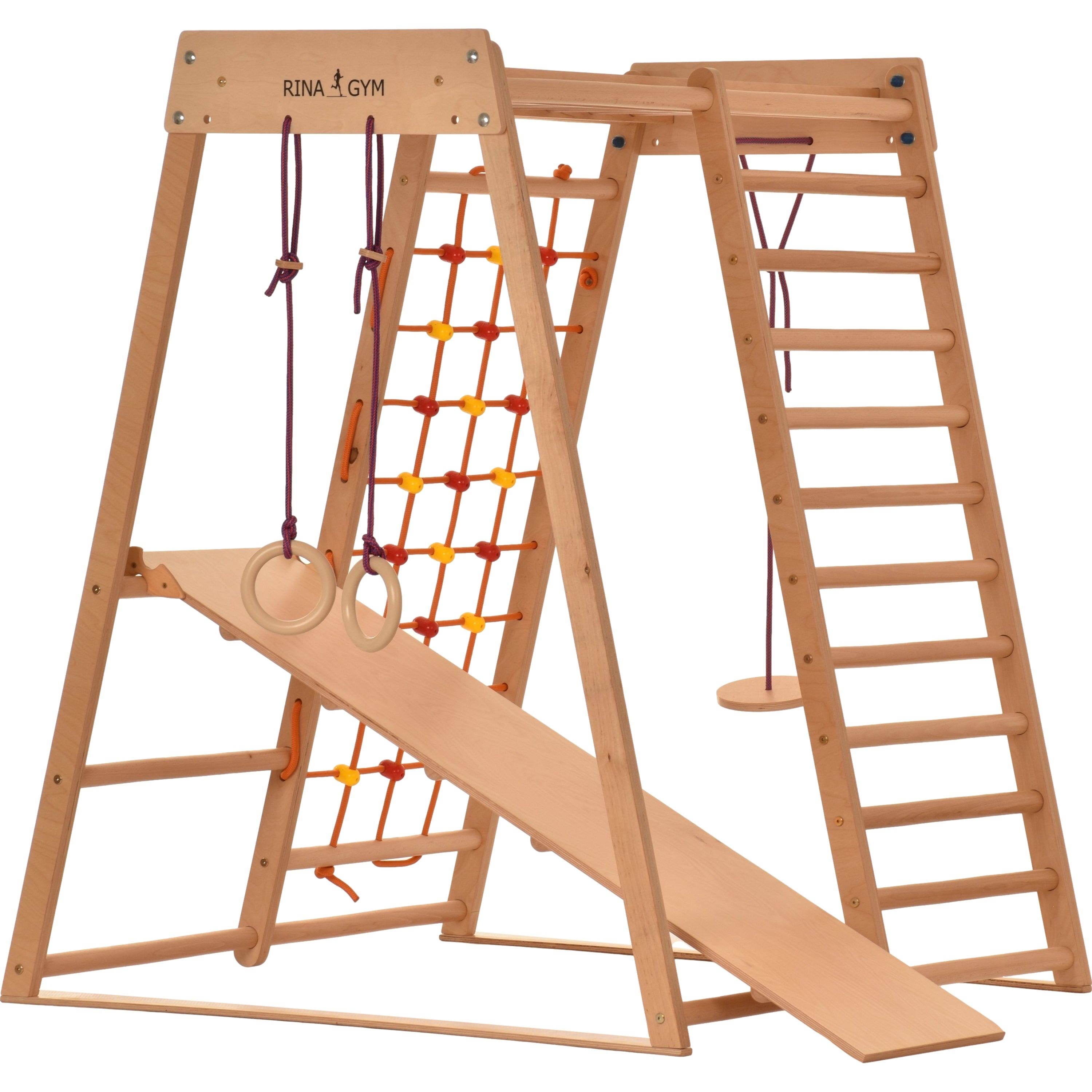 RINAGYM Petite aire de jeux intérieur triangle en bois pour enfants - Filet d’escalade enfant, échelle suédoise, anneaux, toboggan –Mur escalade enfant interieur idéal pour 1 à 5 
ans (Classic)