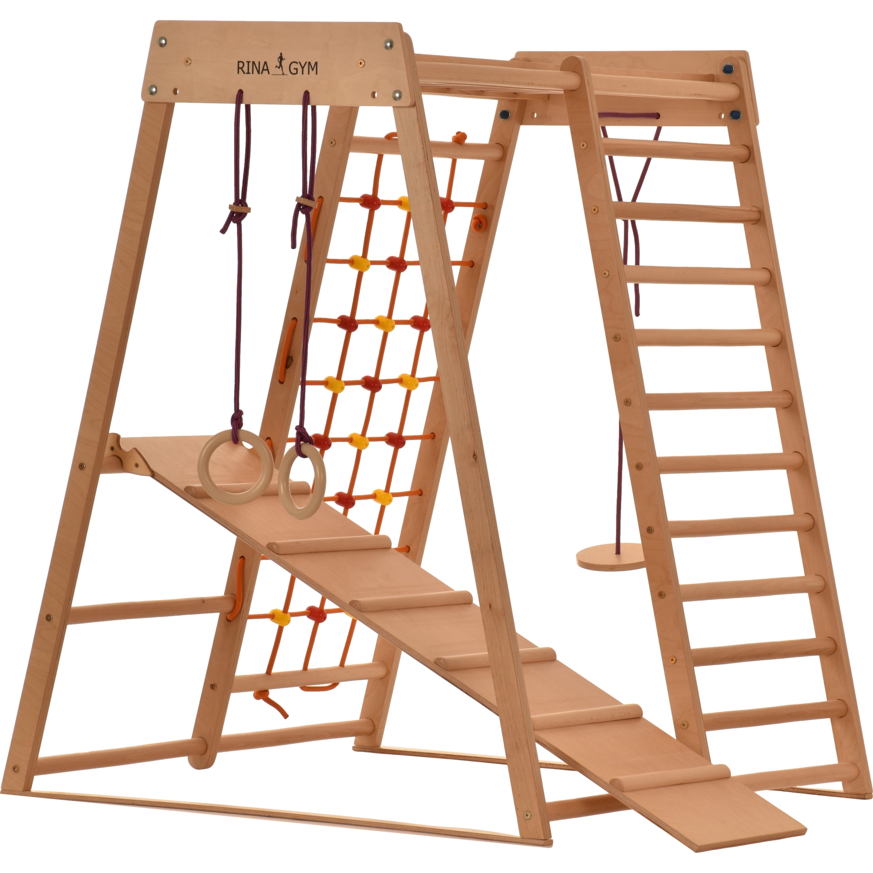 RINAGYM Petite aire de jeux intérieur triangle en bois pour enfants - Filet d’escalade enfant, échelle suédoise, anneaux, toboggan –Mur escalade enfant interieur idéal pour 1 à 5 
ans (Classic)