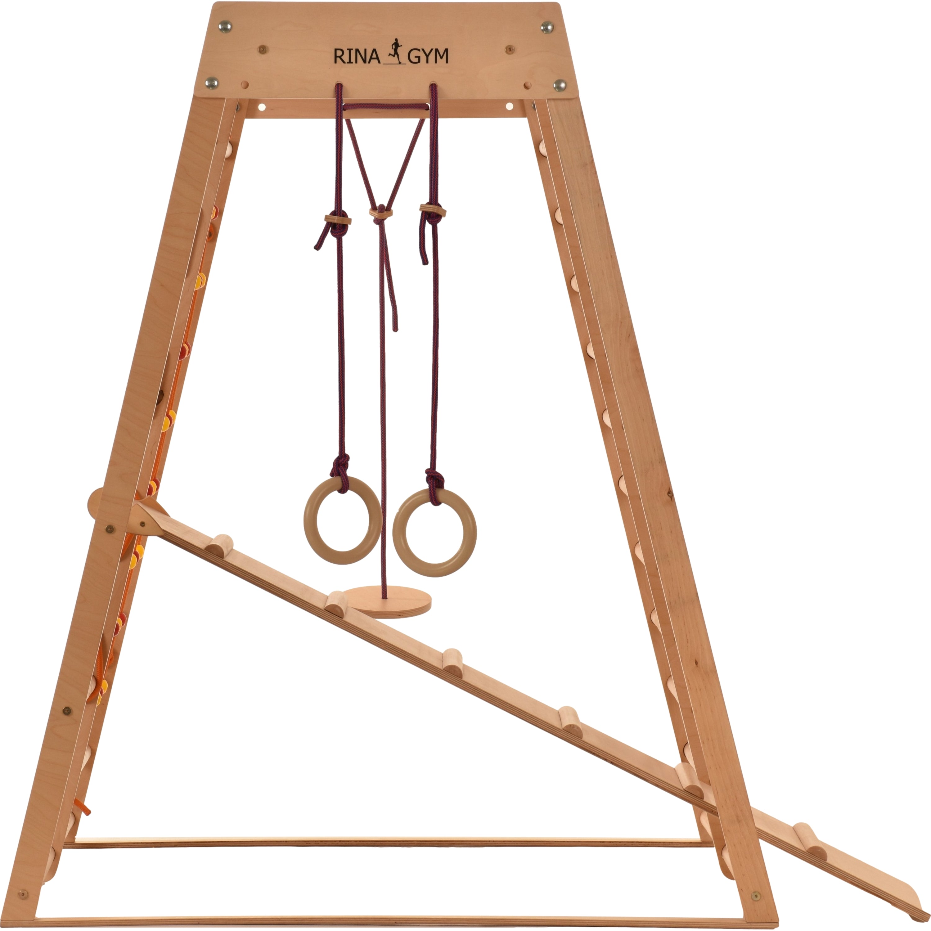 RINAGYM Petite aire de jeux intérieur triangle en bois pour enfants - Filet d’escalade enfant, échelle suédoise, anneaux, toboggan –Mur escalade enfant interieur idéal pour 1 à 5 
ans (Classic)