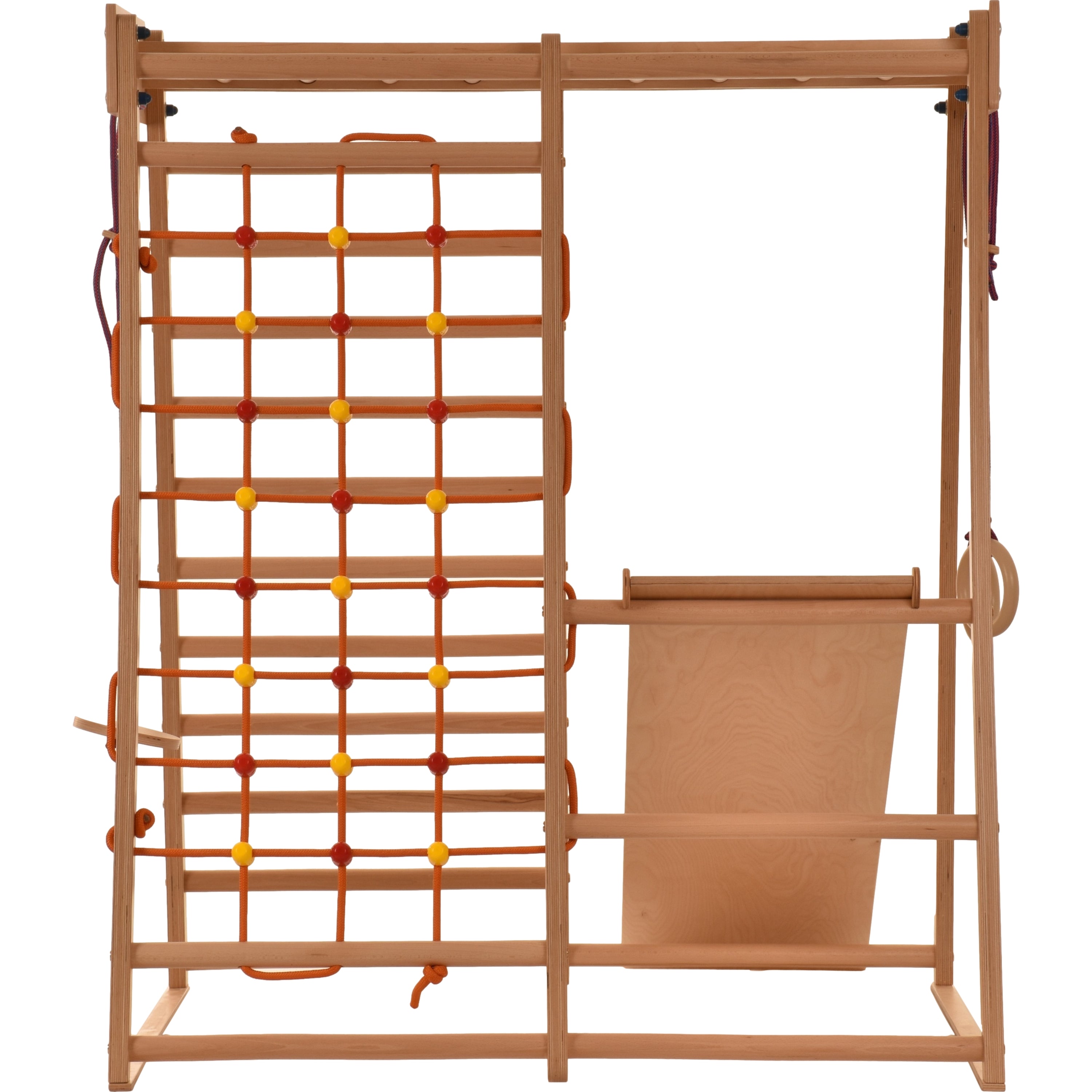 RINAGYM Petite aire de jeux intérieur triangle en bois pour enfants - Filet d’escalade enfant, échelle suédoise, anneaux, toboggan –Mur escalade enfant interieur idéal pour 1 à 5 
ans (Classic)