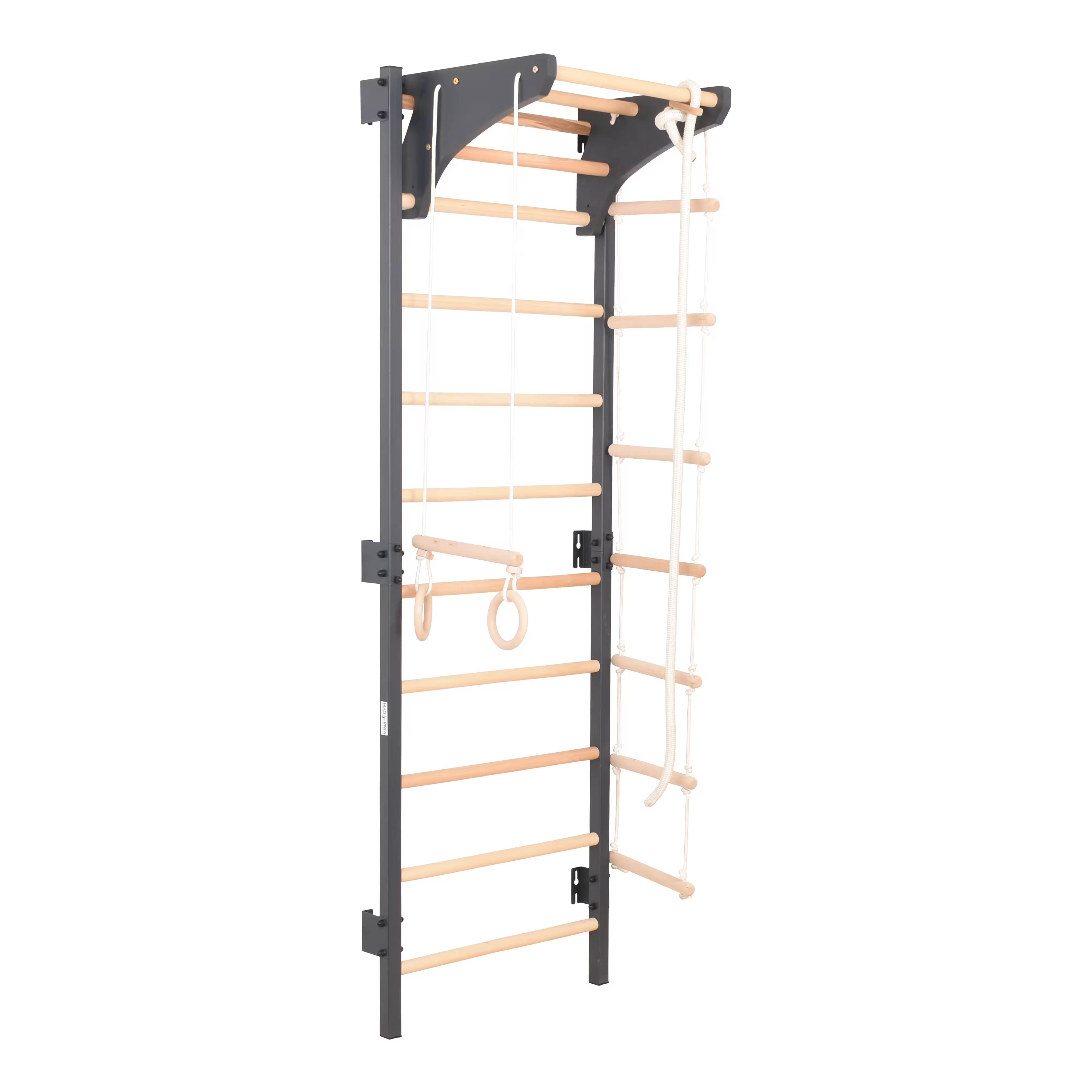 Metallische Sprossenwand STEEL KOM 2 – Graphit mit Klimmzugstange, Ringen und Strickleiter | RINAGYM
