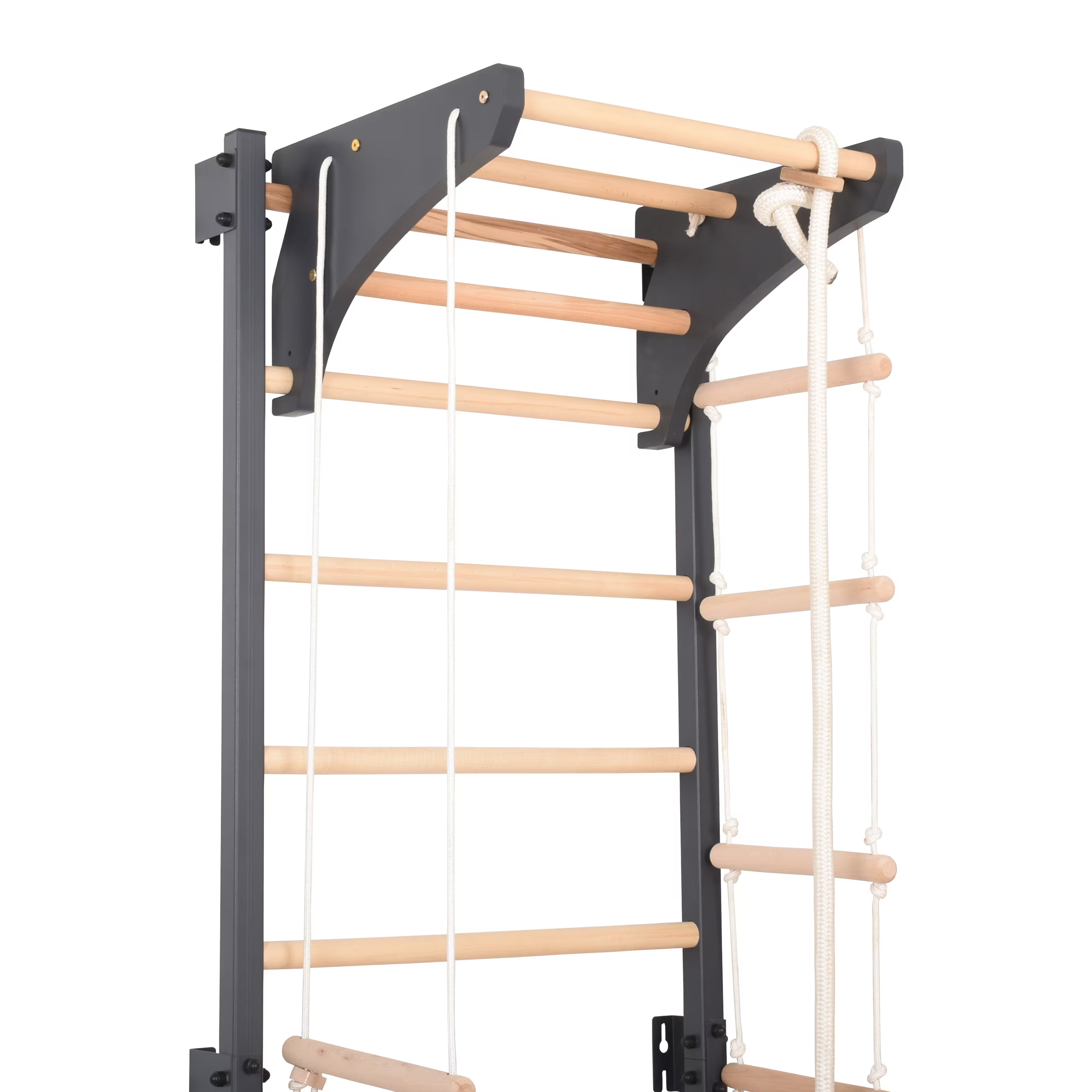 Metallische Sprossenwand STEEL KOM 2 – Graphit mit Klimmzugstange, Ringen und Strickleiter | RINAGYM