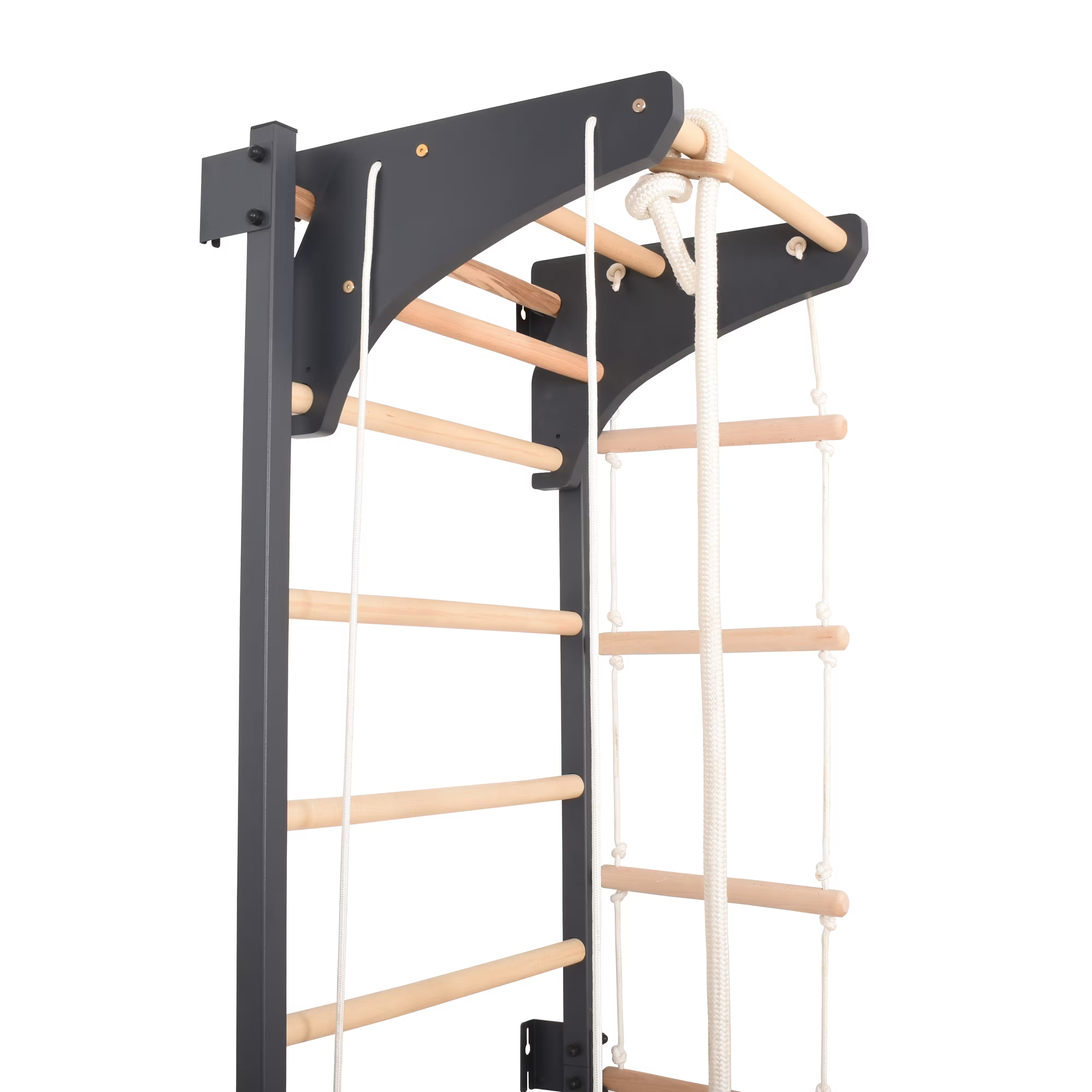 Metallische Sprossenwand STEEL KOM 2 – Graphit mit Klimmzugstange, Ringen und Strickleiter | RINAGYM
