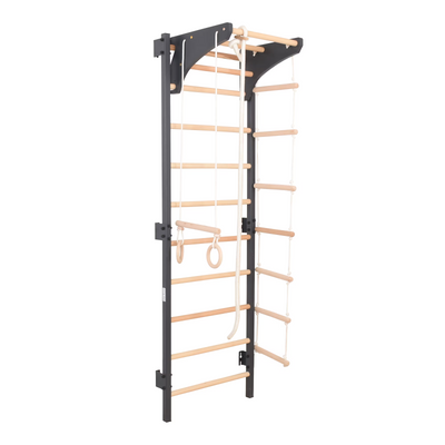 Metallische Sprossenwand STEEL KOM 2 – Graphit mit Klimmzugstange, Ringen und Strickleiter | RINAGYM