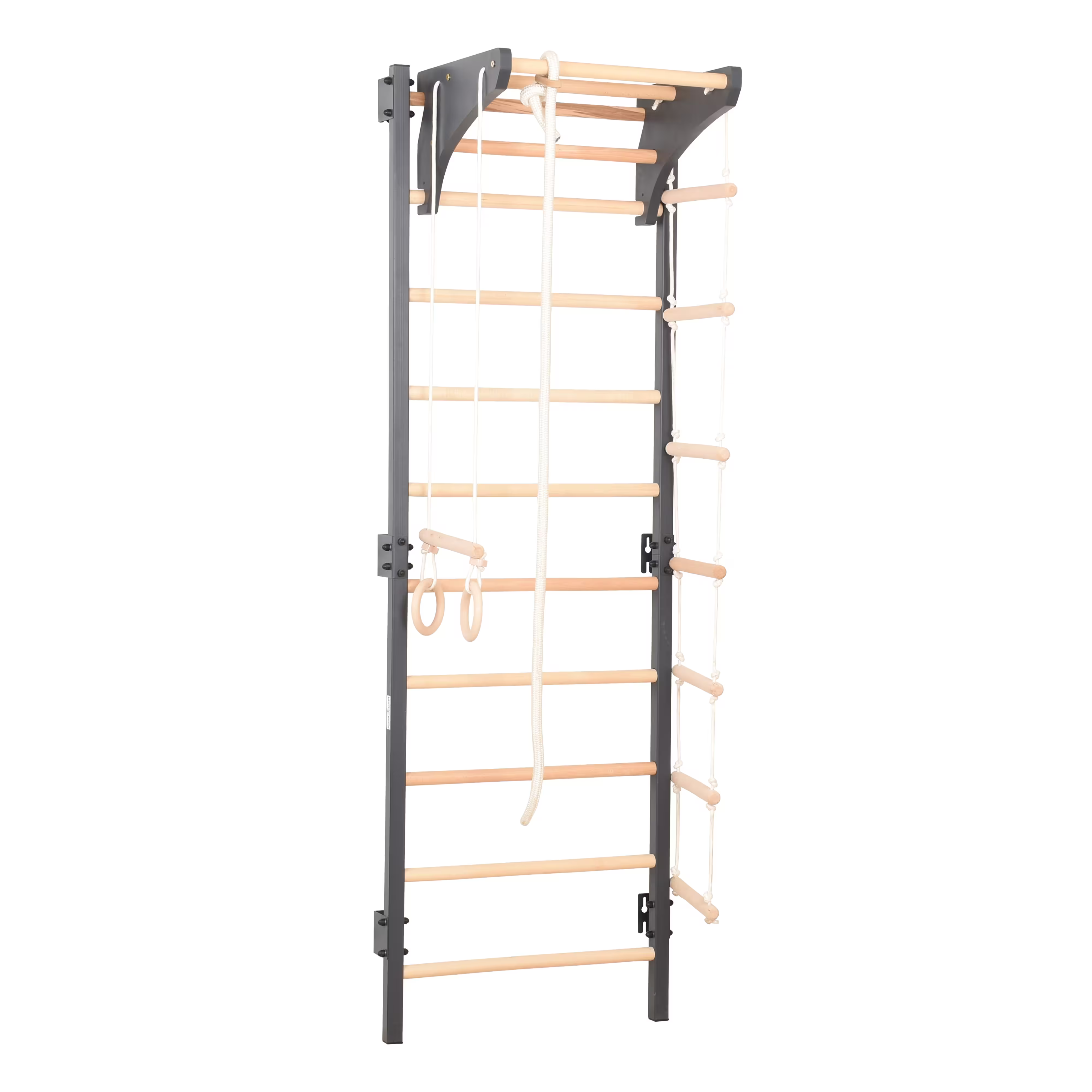 Metallische Sprossenwand STEEL KOM 2 – Graphit mit Klimmzugstange, Ringen und Strickleiter | RINAGYM