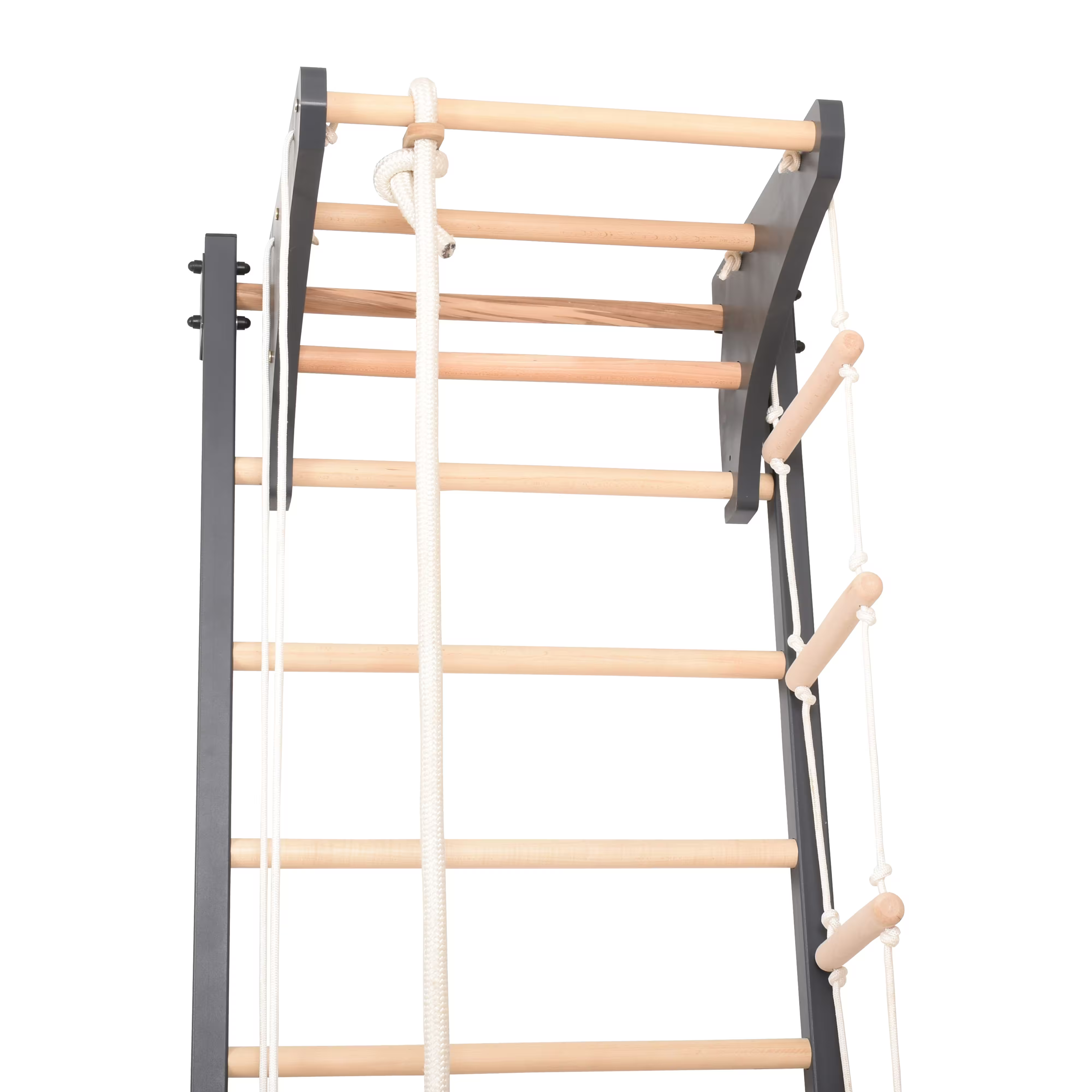 Metallische Sprossenwand STEEL KOM 2 – Graphit mit Klimmzugstange, Ringen und Strickleiter | RINAGYM