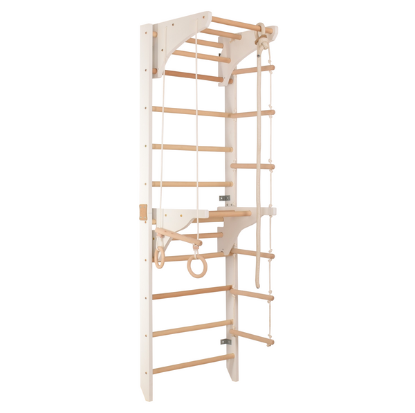 Sprossenwand mit 2 abnehmbaren Klimmzugstangen, Turnringen & Kletterseil – weiß | RINAGYM