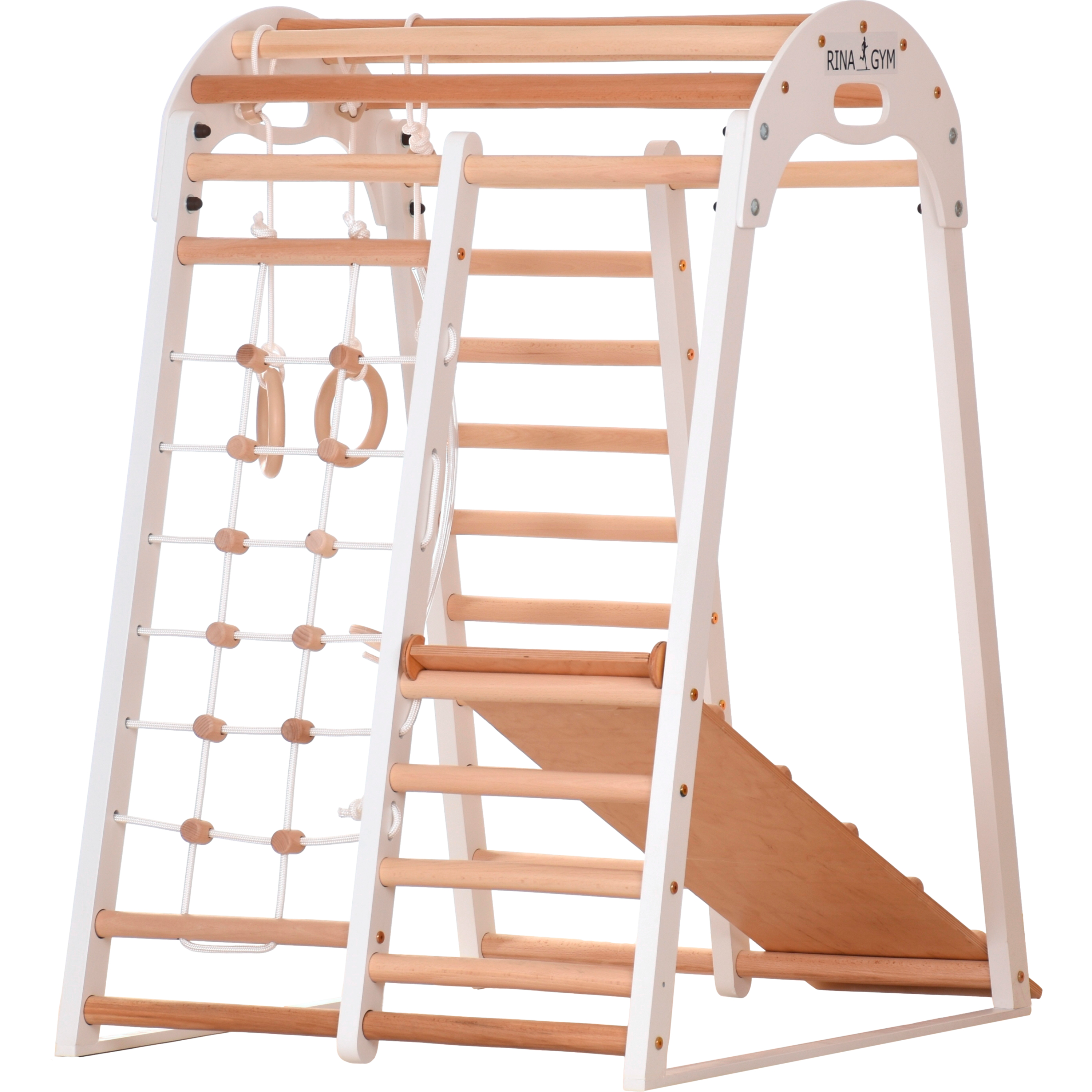 RINAGYM Play Gym - Home and School Indoor Wooden Playground Equipment for 1 to 5-Year Old Children and Up - Climbing Net, Swedish Ladder, Swing Rings, Slide - Safe Wood Frame - 60 kg Capacity (White)