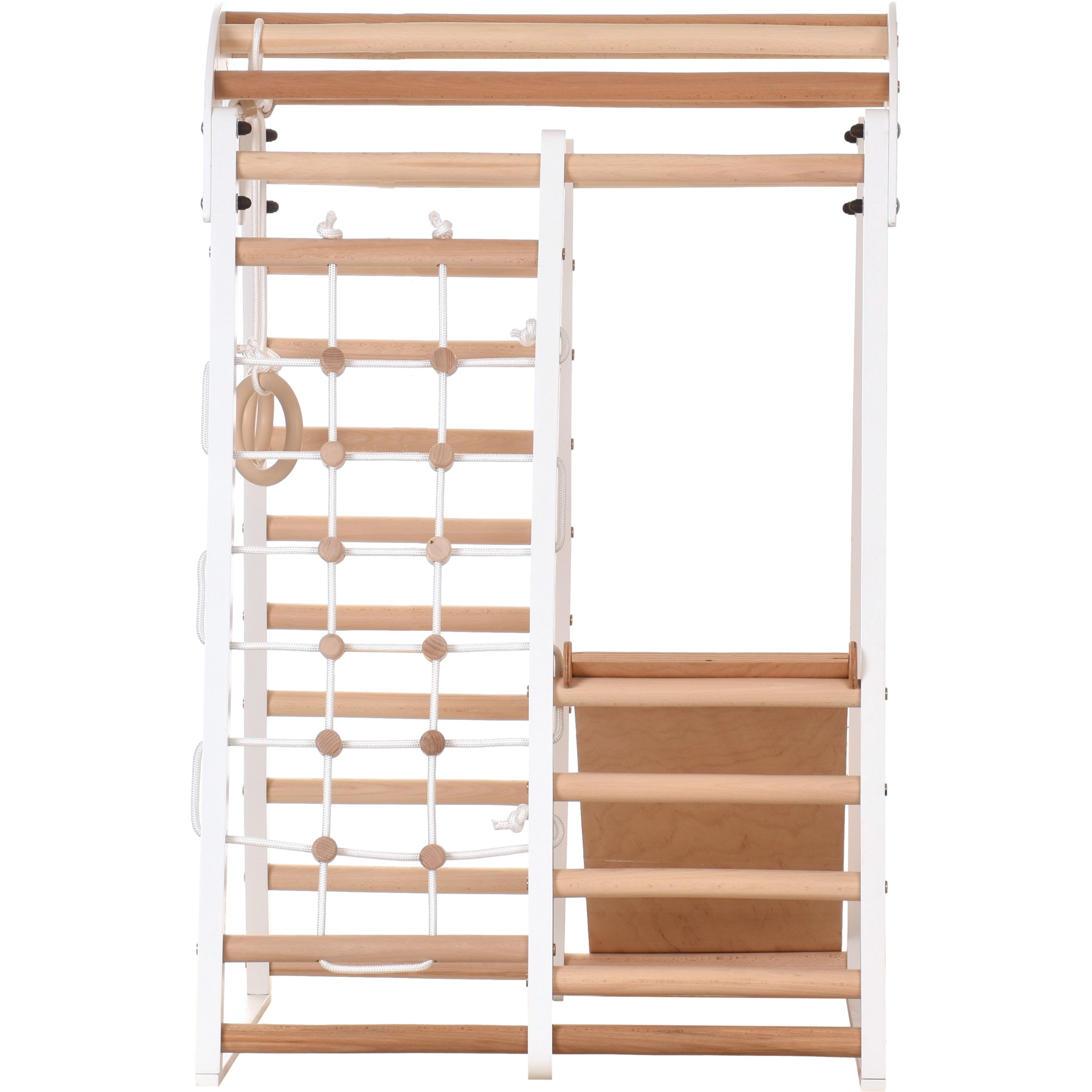 Mur d'escalade intérieur pour enfants et adultes – Structure en bois avec barre de traction, anneaux de gymnastique, corde d'escalade, échelle suédoise, barre de traction réglable et rampe d'escalade double face – Modèle Sport 3 couleur blanche