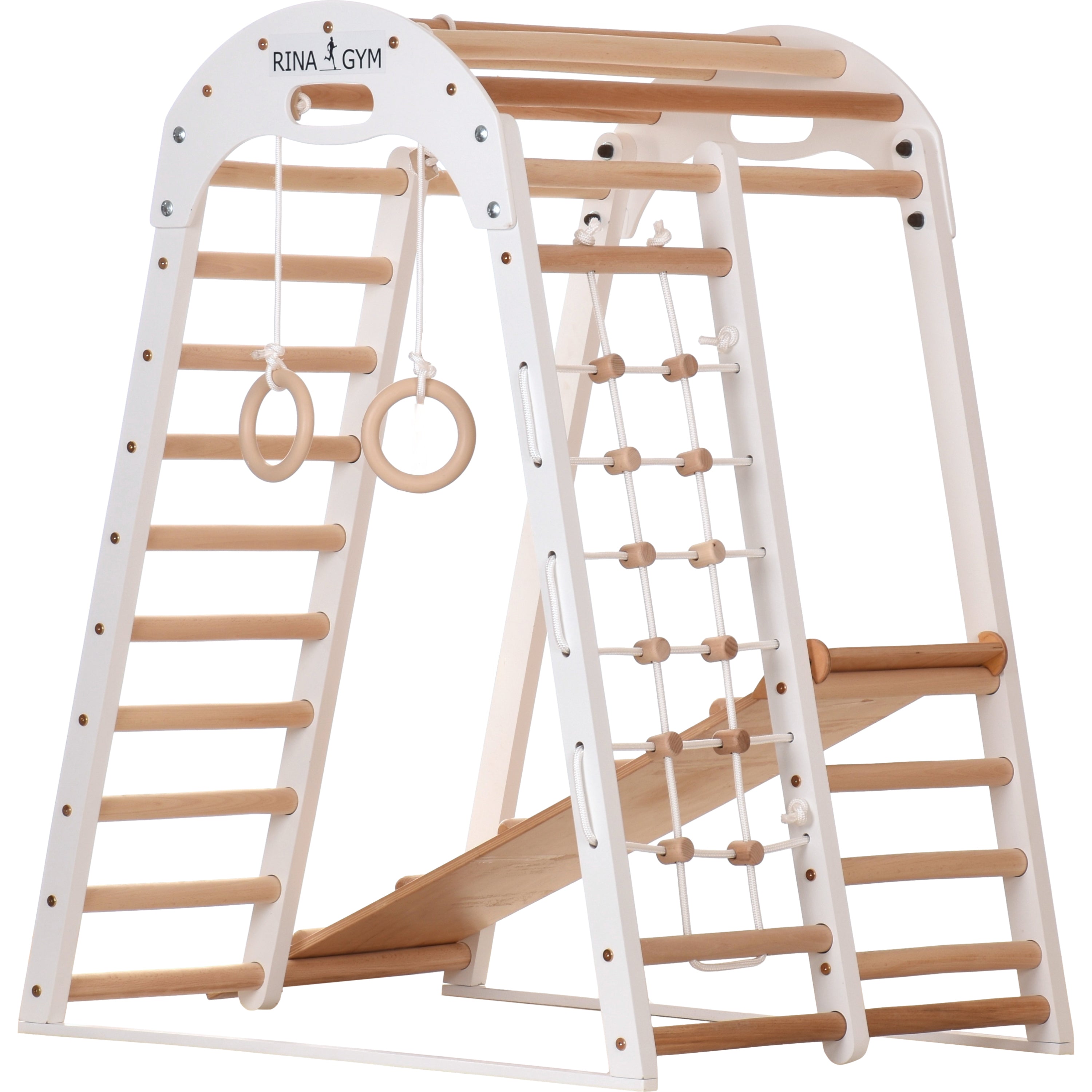 Mur d'escalade intérieur pour enfants et adultes – Structure en bois avec barre de traction, anneaux de gymnastique, corde d'escalade, échelle suédoise, barre de traction réglable et rampe d'escalade double face – Modèle Sport 3 couleur blanche