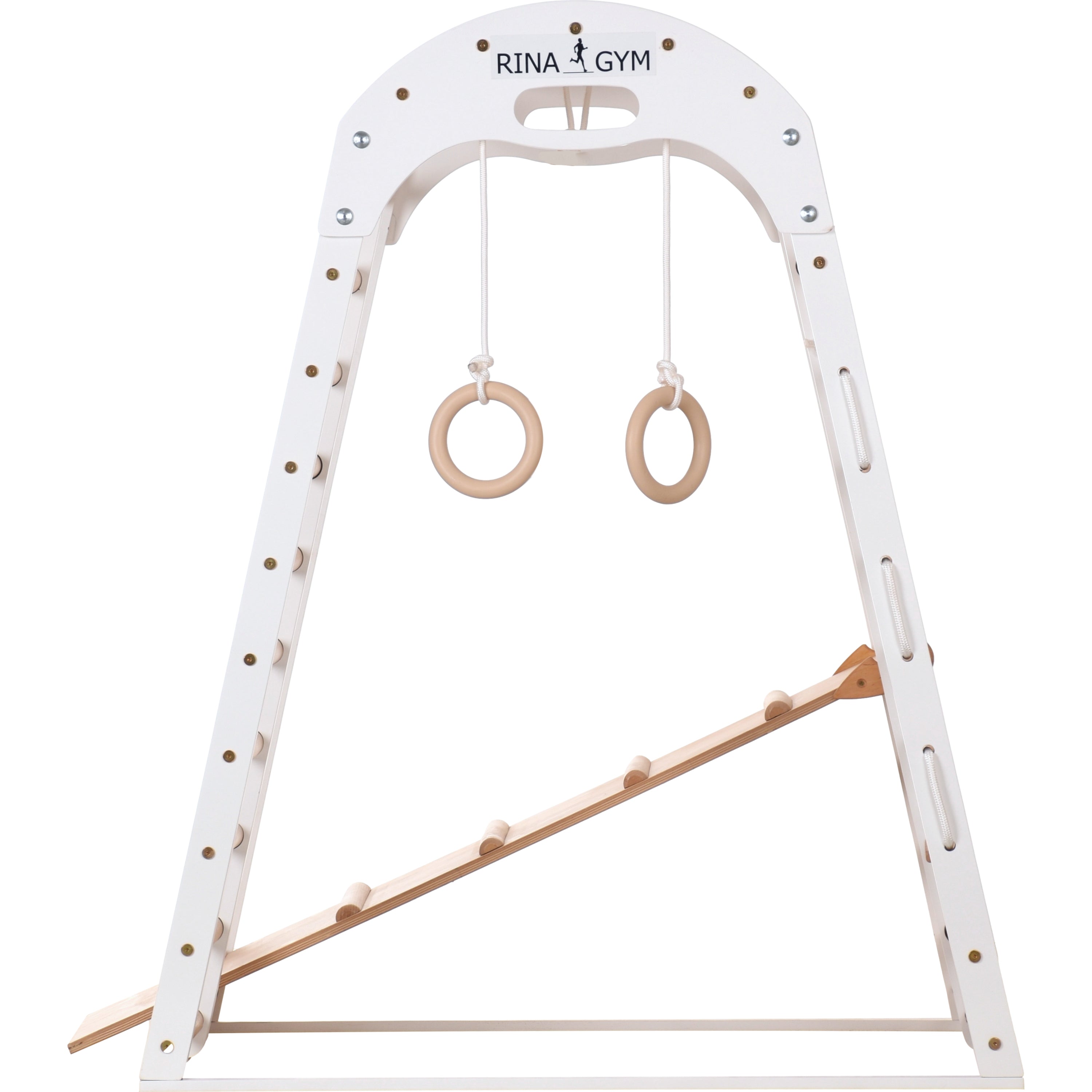 Mur d'escalade intérieur pour enfants et adultes – Structure en bois avec barre de traction, anneaux de gymnastique, corde d'escalade, échelle suédoise, barre de traction réglable et rampe d'escalade double face – Modèle Sport 3 couleur blanche