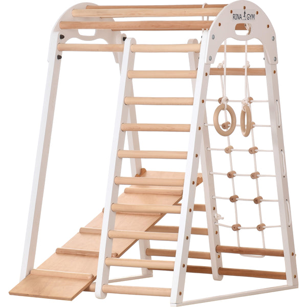 Kompaktes Indoor-Klettergerüst für die ganze Familie – Sprossenwand, Netz & Ringe – Heimtraining (EN 913) (kid2 Weiß)