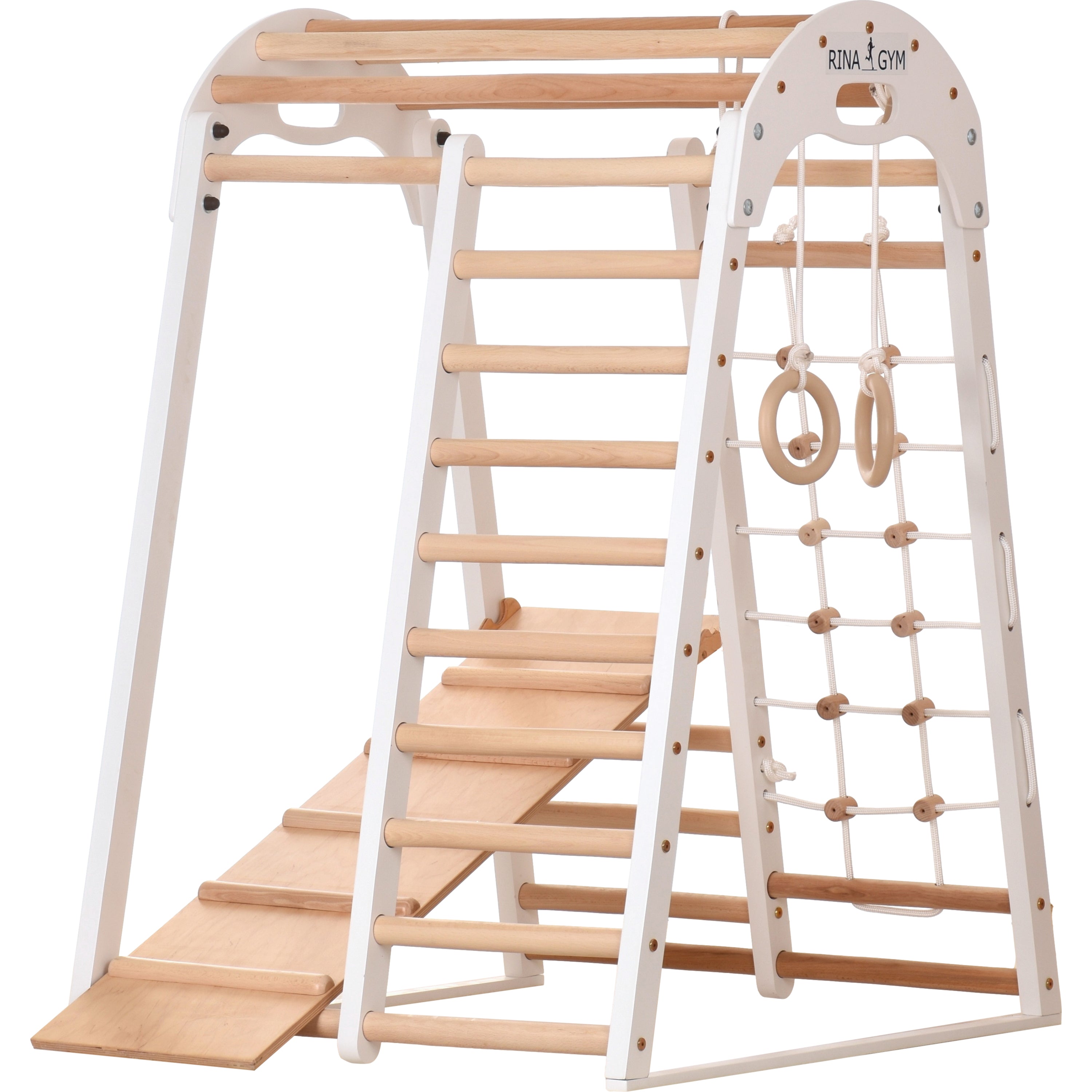 Mur d'escalade intérieur pour enfants et adultes – Structure en bois avec barre de traction, anneaux de gymnastique, corde d'escalade, échelle suédoise, barre de traction réglable et rampe d'escalade double face – Modèle Sport 3 couleur blanche