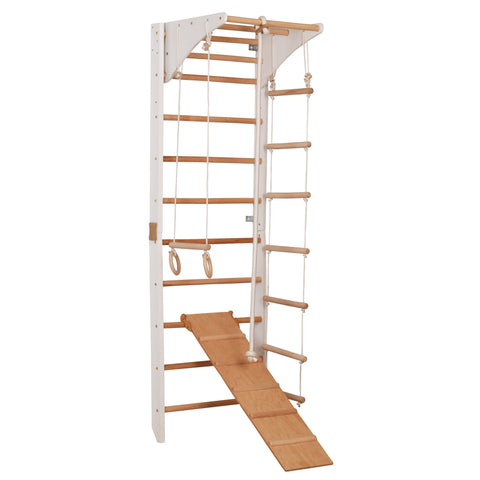 Kletterwand für die ganze Familie mit höhenverstellbarem Reck-Indoor Klettergerüst aus Holz - Wand-Reck, Stange, Gymnastik-Ringe, Kletterseil, beidseitiger Kletterrampe - Kombi 3  weiße Farbe