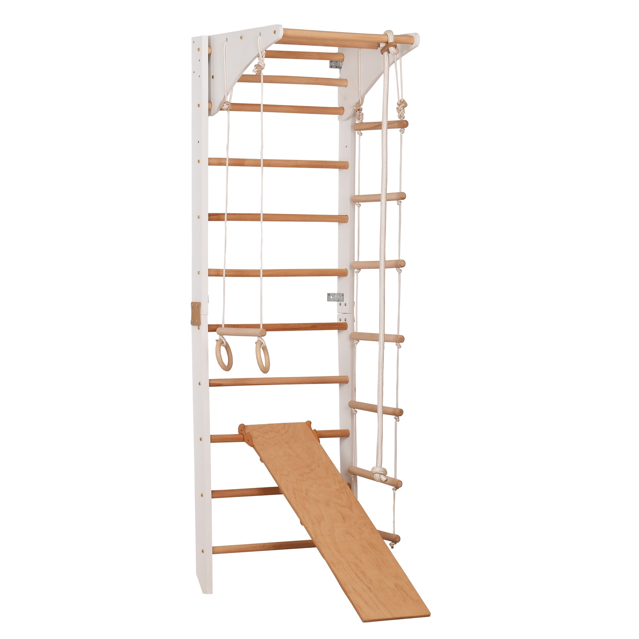 Kletterwand für Kinder und Erwachsene mit höhenverstellbarem Reck-Indoor Klettergerüst aus Holz - Wand-Reck, Stange, Gymnastik-Ringe, Kletterseil, beidseitiger Kletterrampe - Kombi 3  weiße Farbe