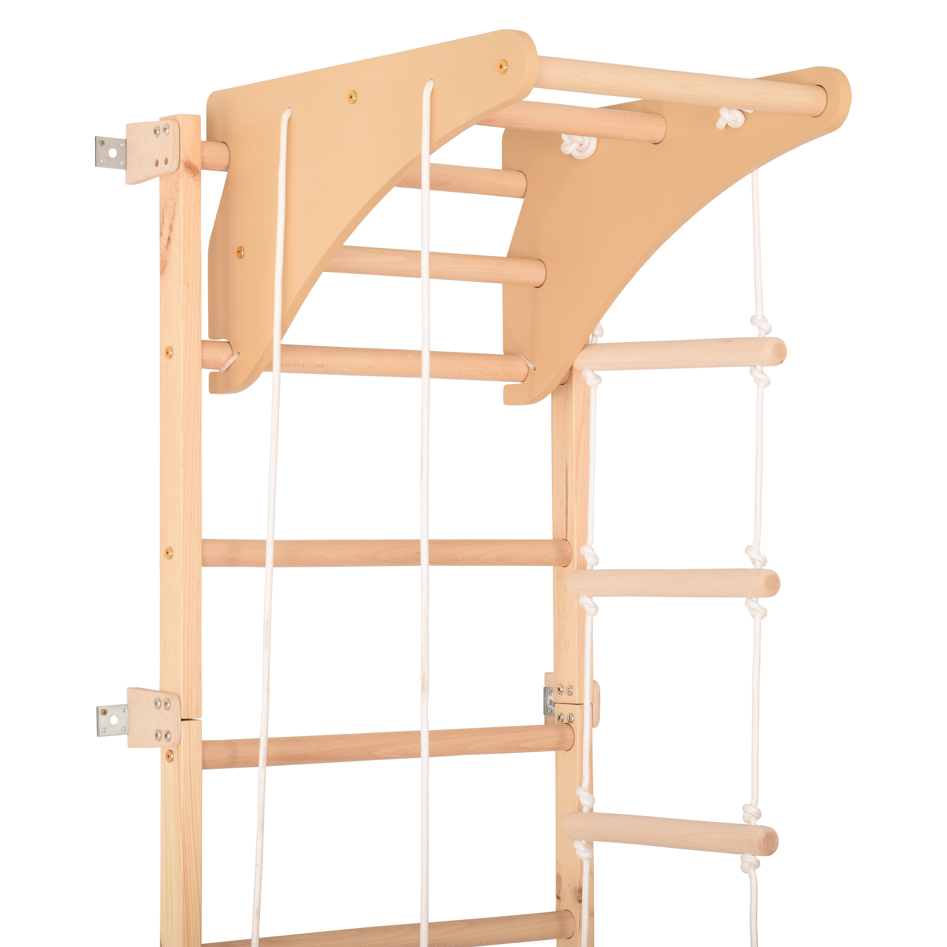 Multifunktionale Sprossenwand für Kinder und Erwachsene – Heim-Fitnessgerät mit Klimmzugstange, Gymnastikringen, Seilleiter & Kletterseil – (Eco-Pine)