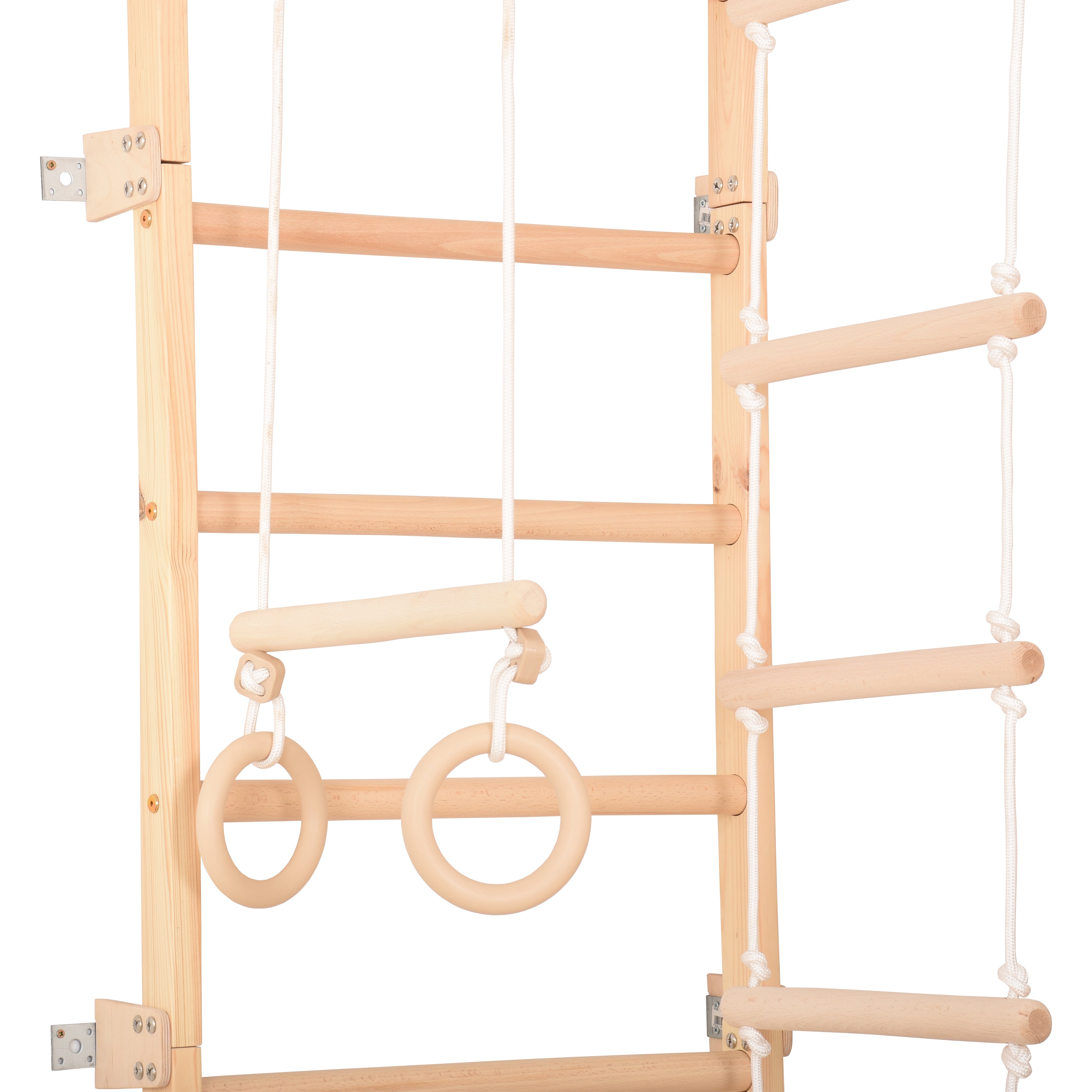 Multifunktionale Sprossenwand für Kinder und Erwachsene – Heim-Fitnessgerät mit Klimmzugstange, Gymnastikringen, Seilleiter & Kletterseil – (Eco-Pine)
