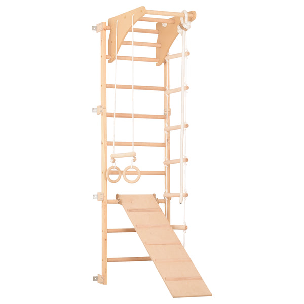 Sprossenwand für Heimtraining mit höhenverstellbarem Reck & beidseitigem Kletterbrett – Indoor Fitnessgerät für die ganze Familie  (Eco-pine+slide)