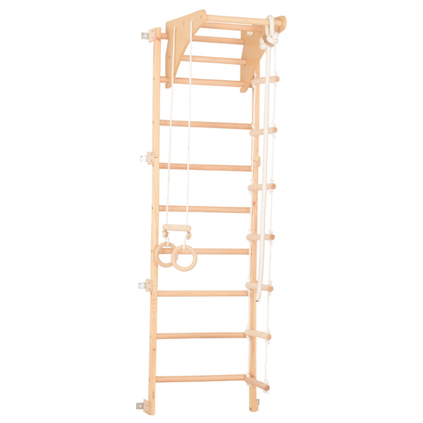 Multifunktionale Sprossenwand für die ganze Familie  – Heim-Fitnessgerät mit Klimmzugstange, Gymnastikringen, Seilleiter & Kletterseil – (Eco-Pine)