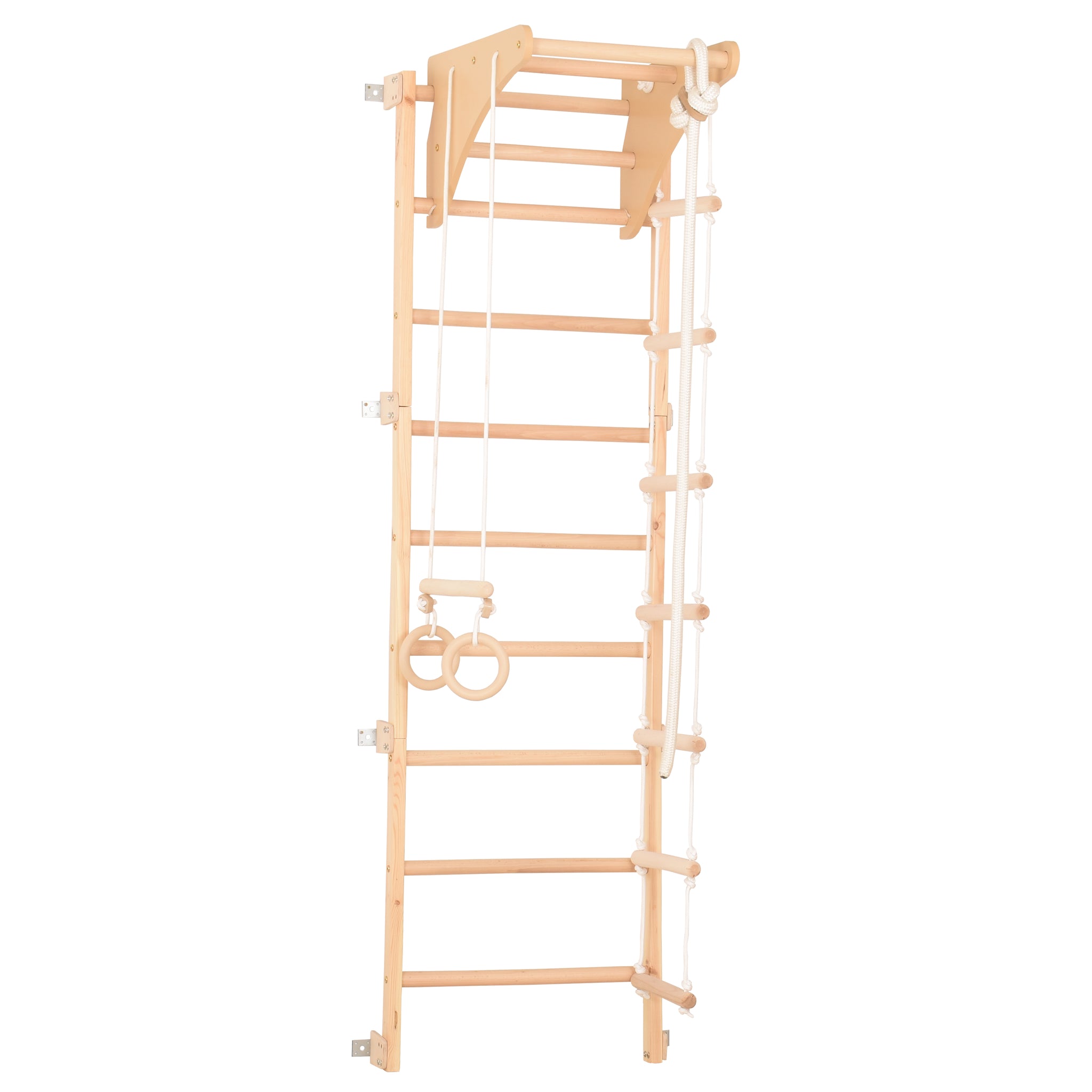 Multifunkční žebřiny pro děti i dospělé – Domácí fitness zařízení s hrazdou, gymnastickými kruhy, provazovým žebříkem a šplhacím lanem (Eco-Pine)