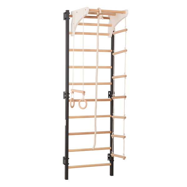 Metallische Sprossenwand STEEL KOM 2 – Graphit mit Klimmzugstange, Ringen und Strickleiter | RINAGYM