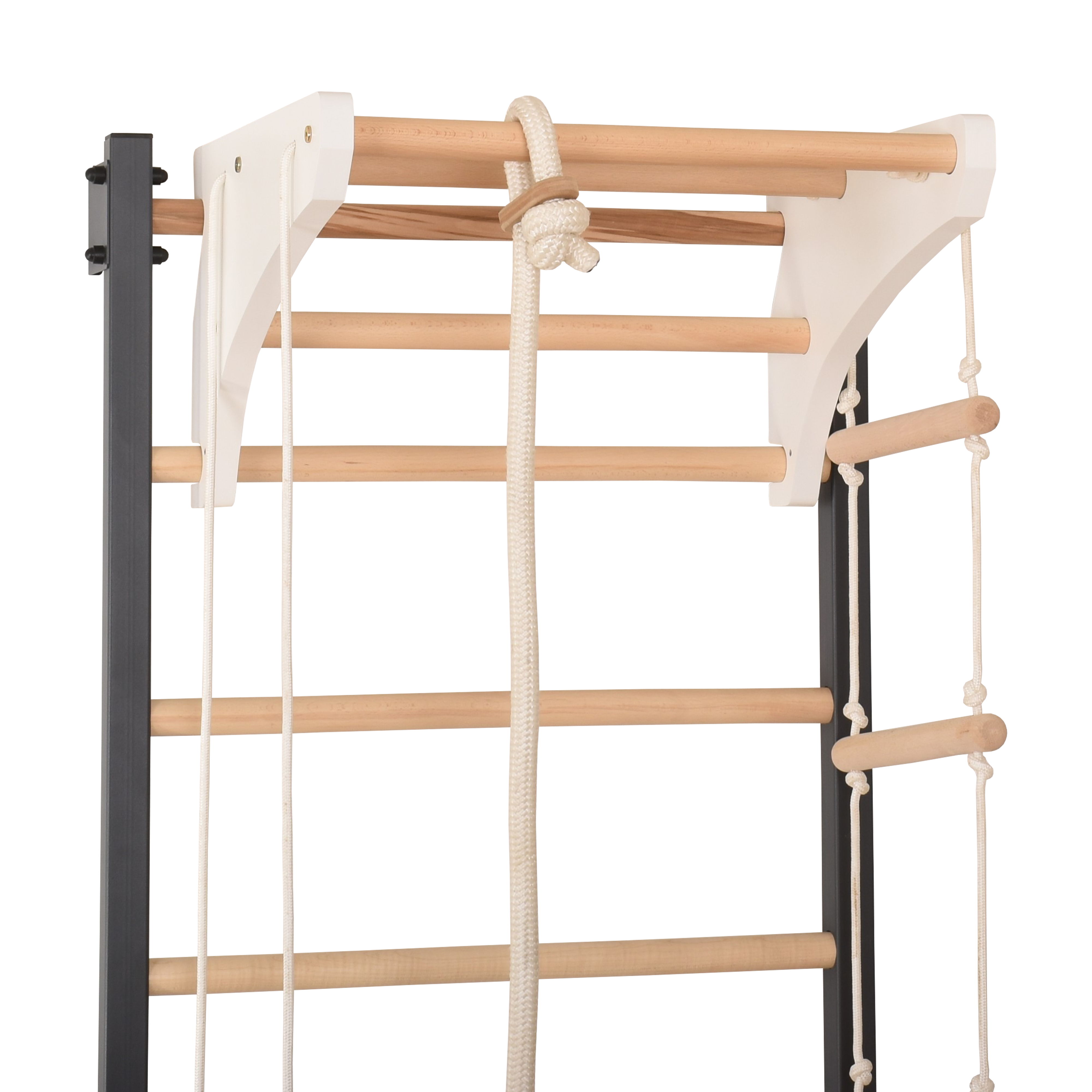 Metallische Sprossenwand STEEL KOM 2 – Graphit mit Klimmzugstange, Ringen und Strickleiter | RINAGYM