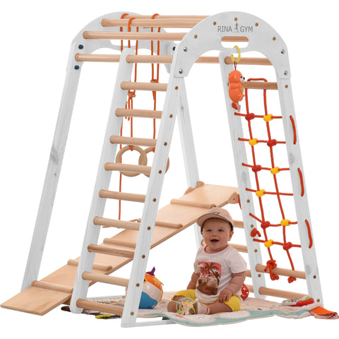 RINAGYM Play Gym - Home and School Indoor Wooden Playground Equipment for 1 to 5-Year Old Children and Up - Climbing Net, Swedish Ladder, Swing Rings, Slide - Safe Wood Frame - 60 kg Capacity (White)