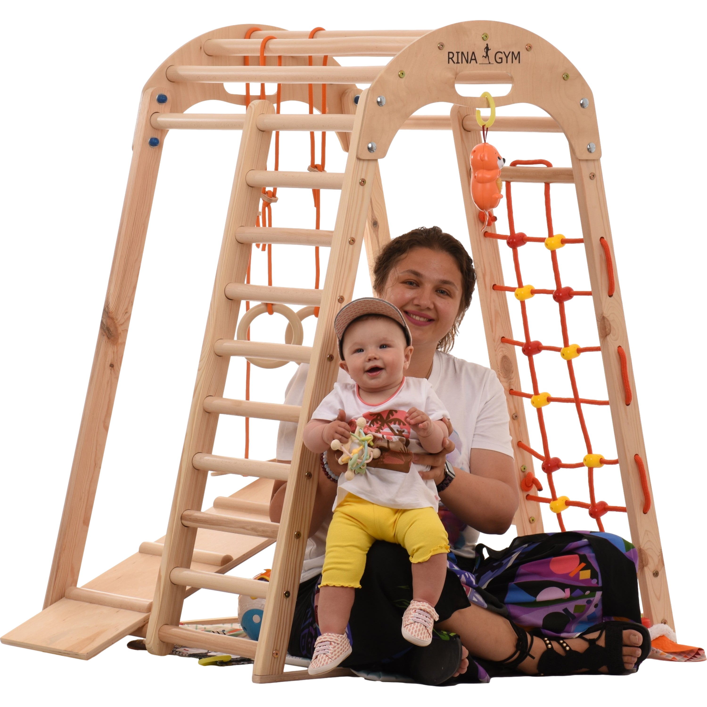 Climbing Triangle Wooden Indoor Playground for Children - Climbing Net, Swedish Ladder, Rings, Slide - Ideal for 1 to 5 years (Natural color)