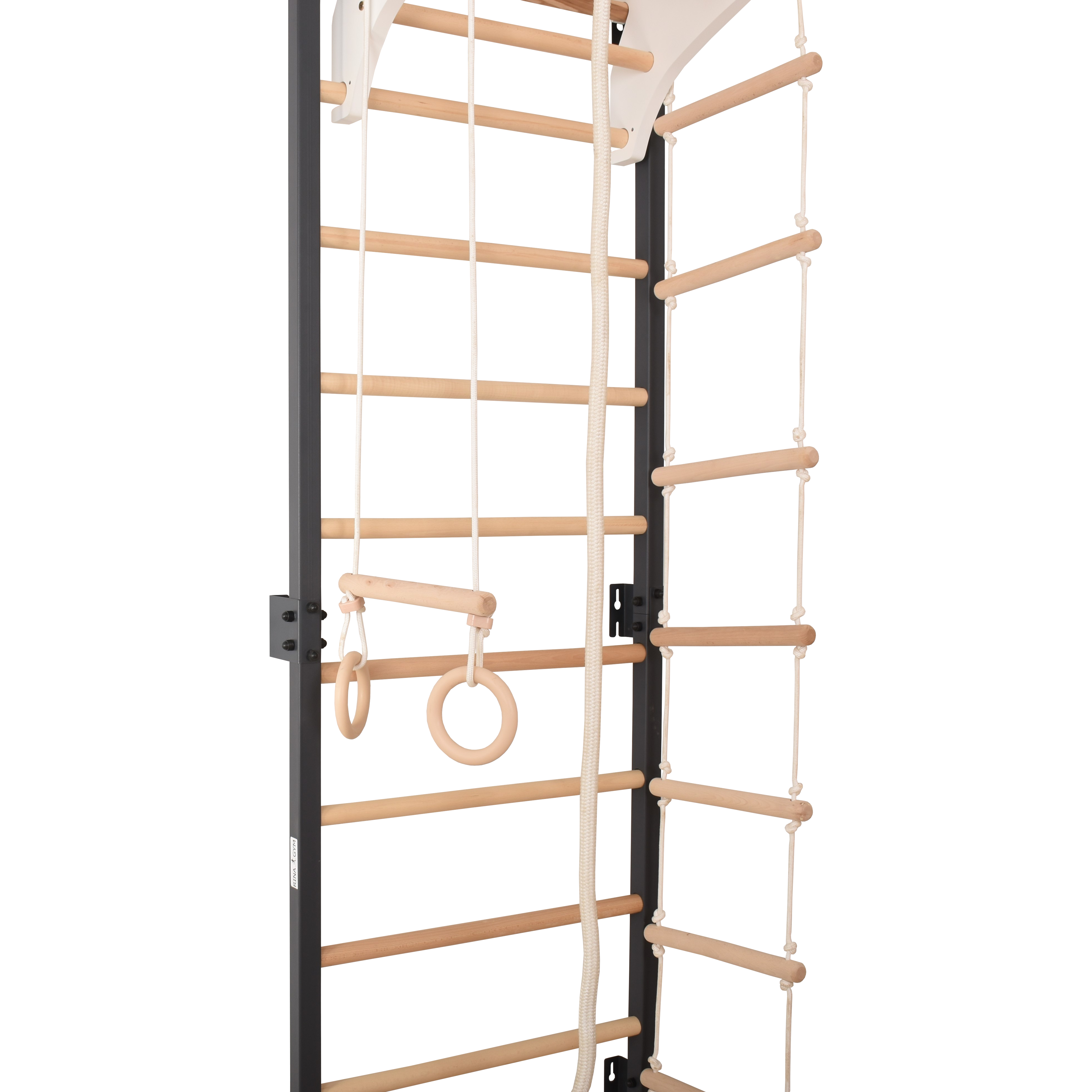 Metallische Sprossenwand STEEL KOM 2 – Graphit mit Klimmzugstange, Ringen und Strickleiter | RINAGYM