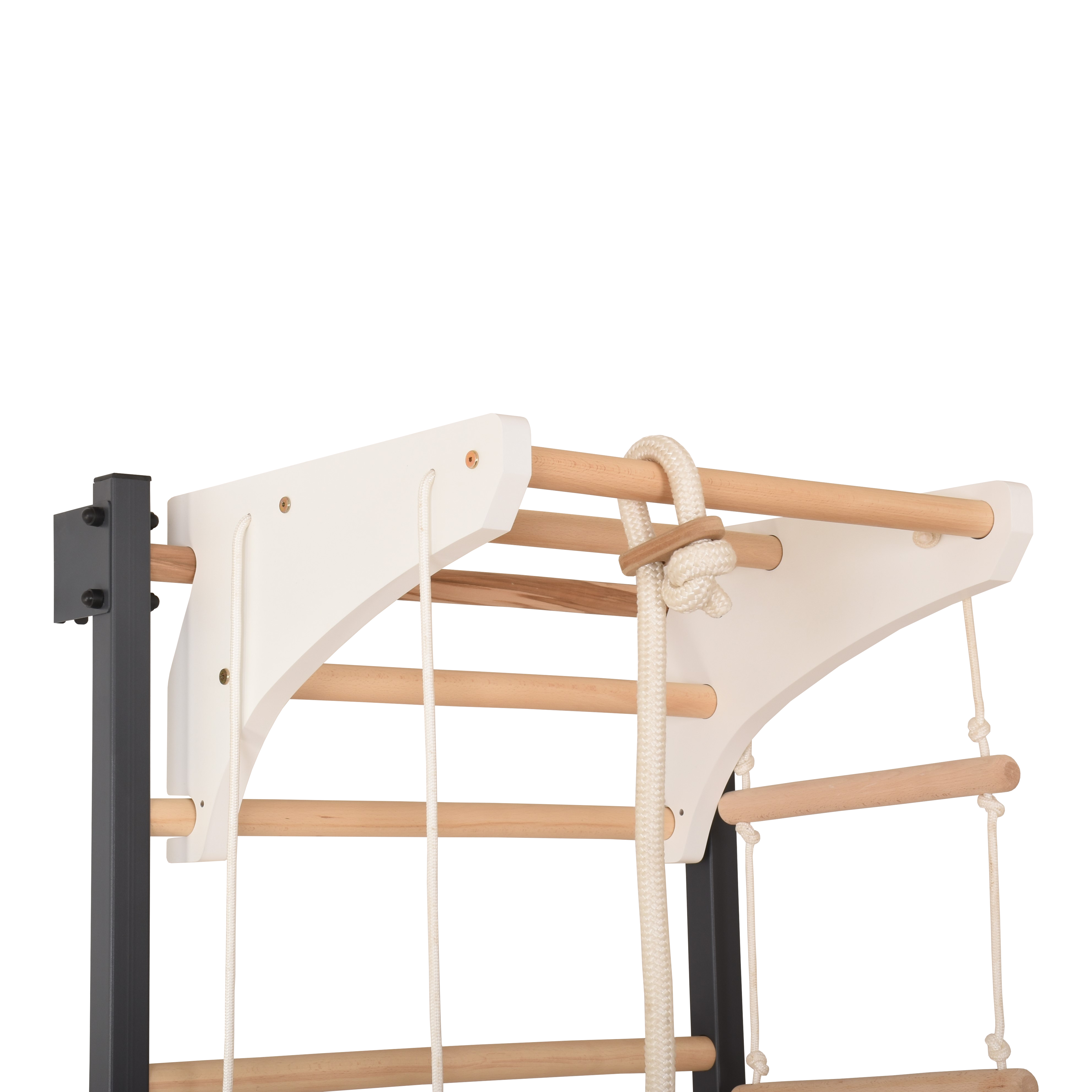Metallische Sprossenwand STEEL KOM 2 – Graphit mit Klimmzugstange, Ringen und Strickleiter | RINAGYM