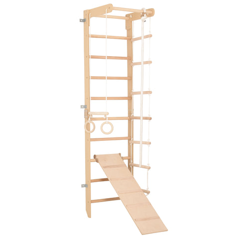 Sprossenwand für Heimtraining mit fixiertem Reck & Kletterbrett – Fitnessgerät für die ganze Familie – Kompakt & vielseitig (SPR B+slide)