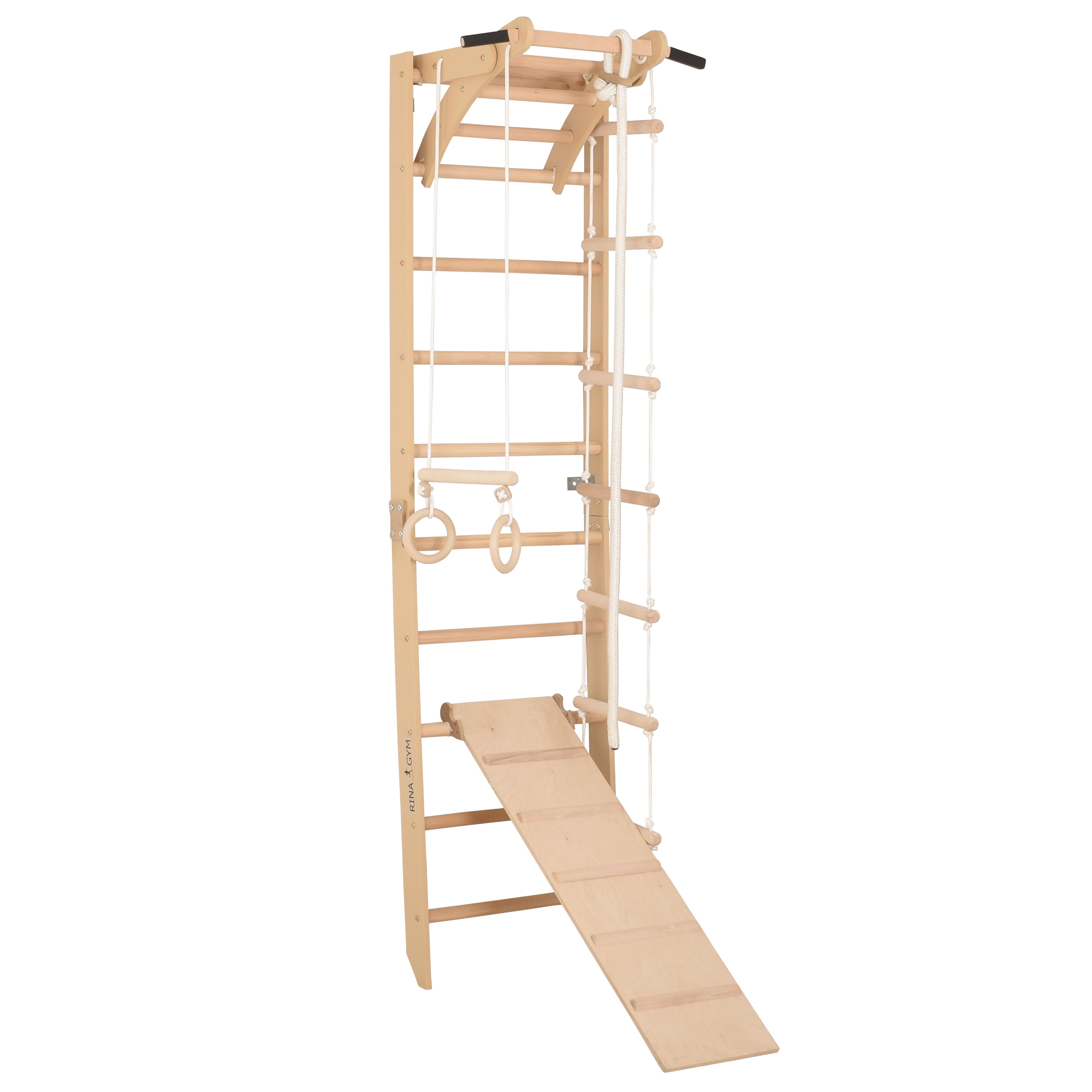 Sprossenwand für Heimtraining mit zweiseitiger Kletterrampe und höhenverstellbarem Reck – Indoor Fitnessgerät für die ganze Familie (SPR A+slide)