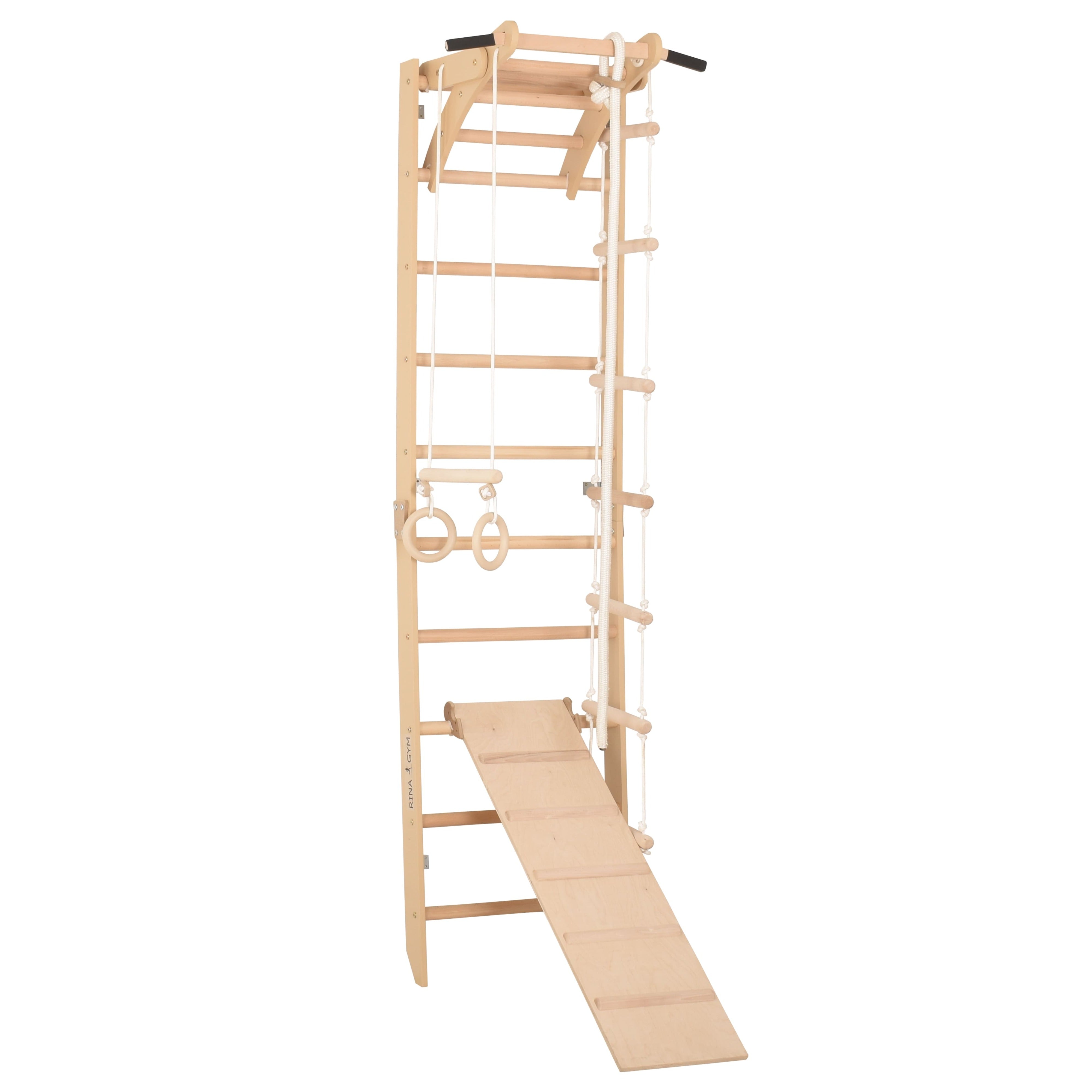 Sprossenwand für Heimtraining mit zweiseitiger Kletterrampe und höhenverstellbarem Reck – Indoor Fitnessgerät für die ganze Familie (SPR A+slide)