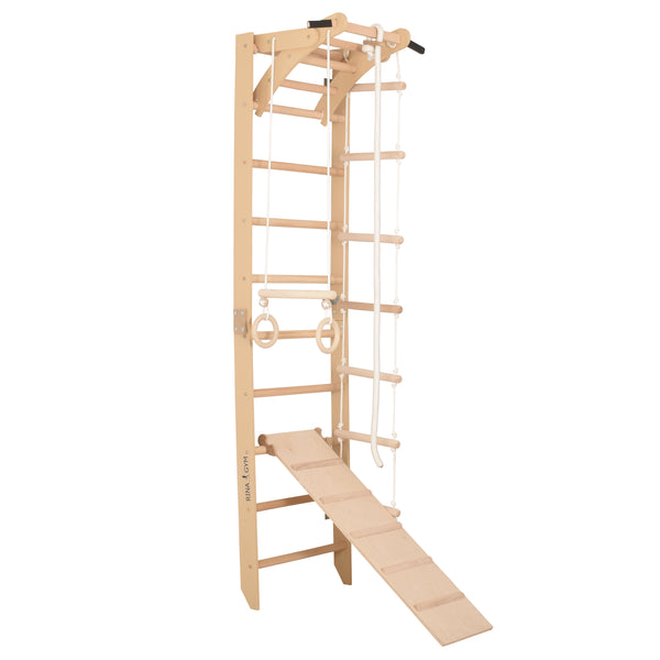 Sprossenwand für Heimtraining mit zweiseitiger Kletterrampe und höhenverstellbarem Reck – Indoor Fitnessgerät für die ganze Familie (SPR A+slide)