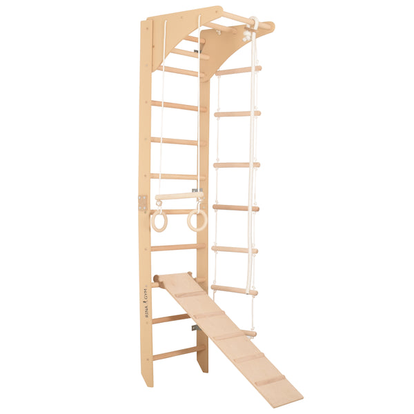 Sprossenwand für Heimtraining mit höhenverstellbarem Reck und zweiseitiger Kletterrampe – Indoor Fitnessgerät für die ganze Familie (SPR C+slide)