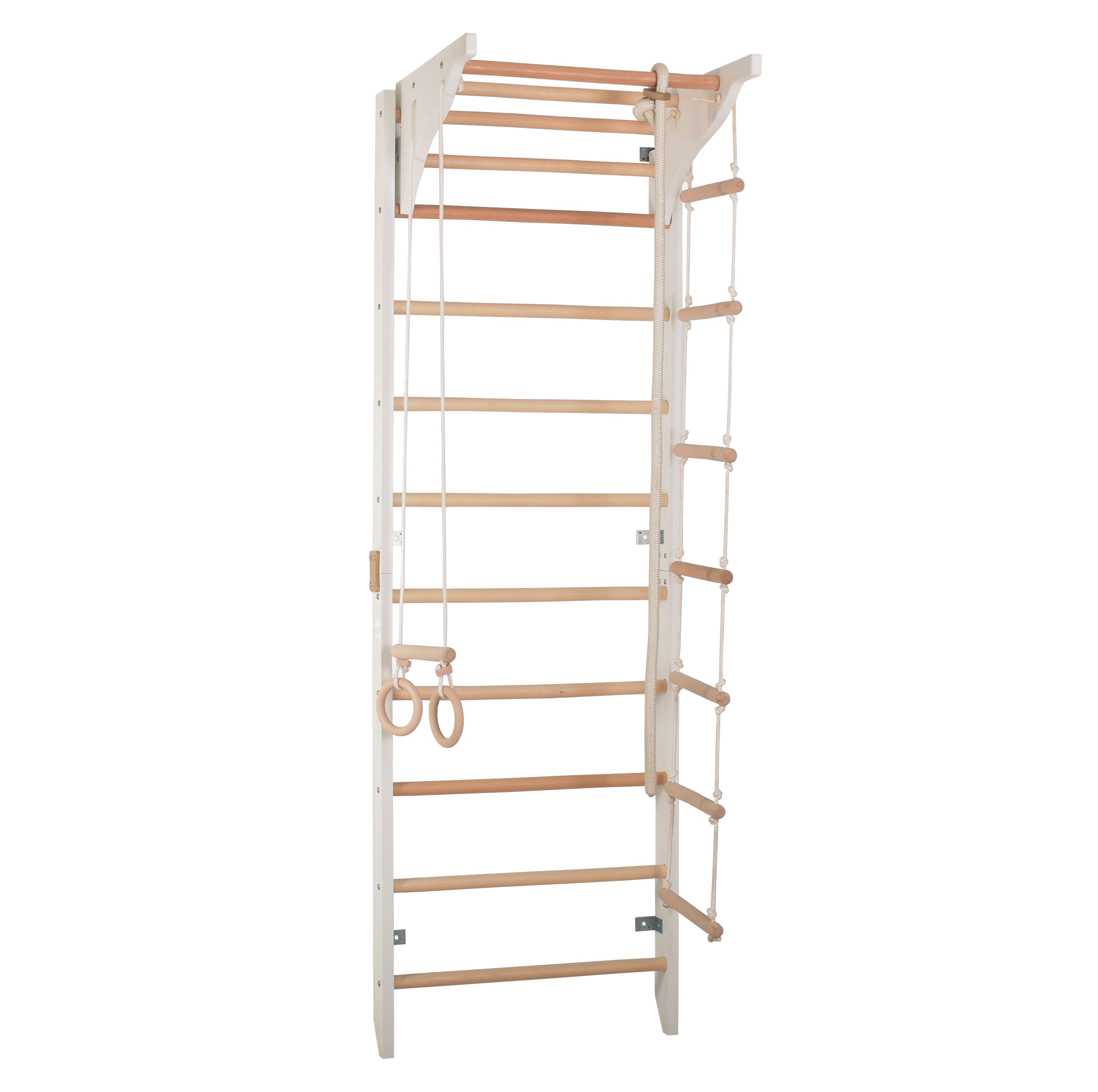 Sprossenwand mit Klimmzugstange, Dip-Barren & Ringen – PRO 2 weiß | RINAGYM